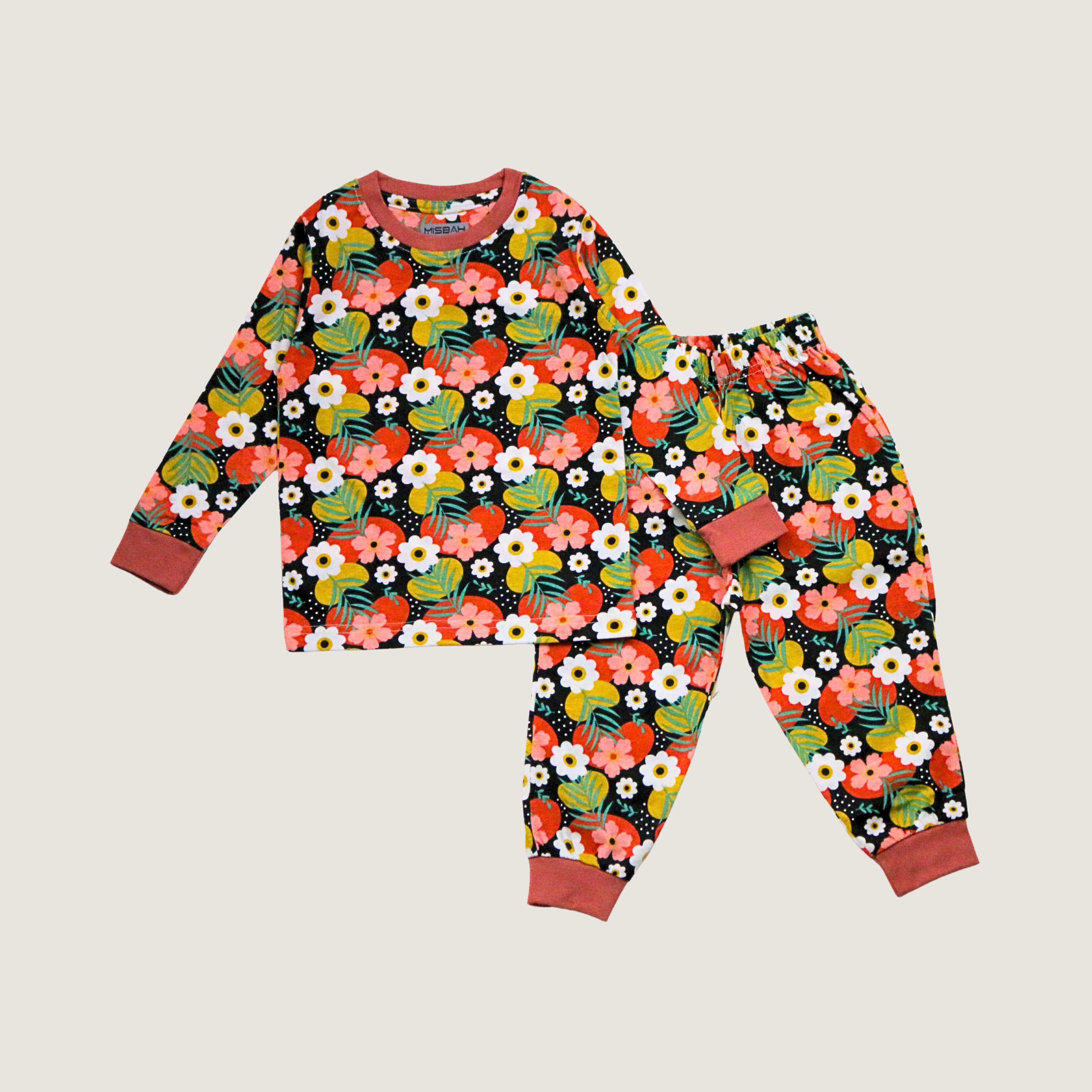 Floral pajama set on a beige background