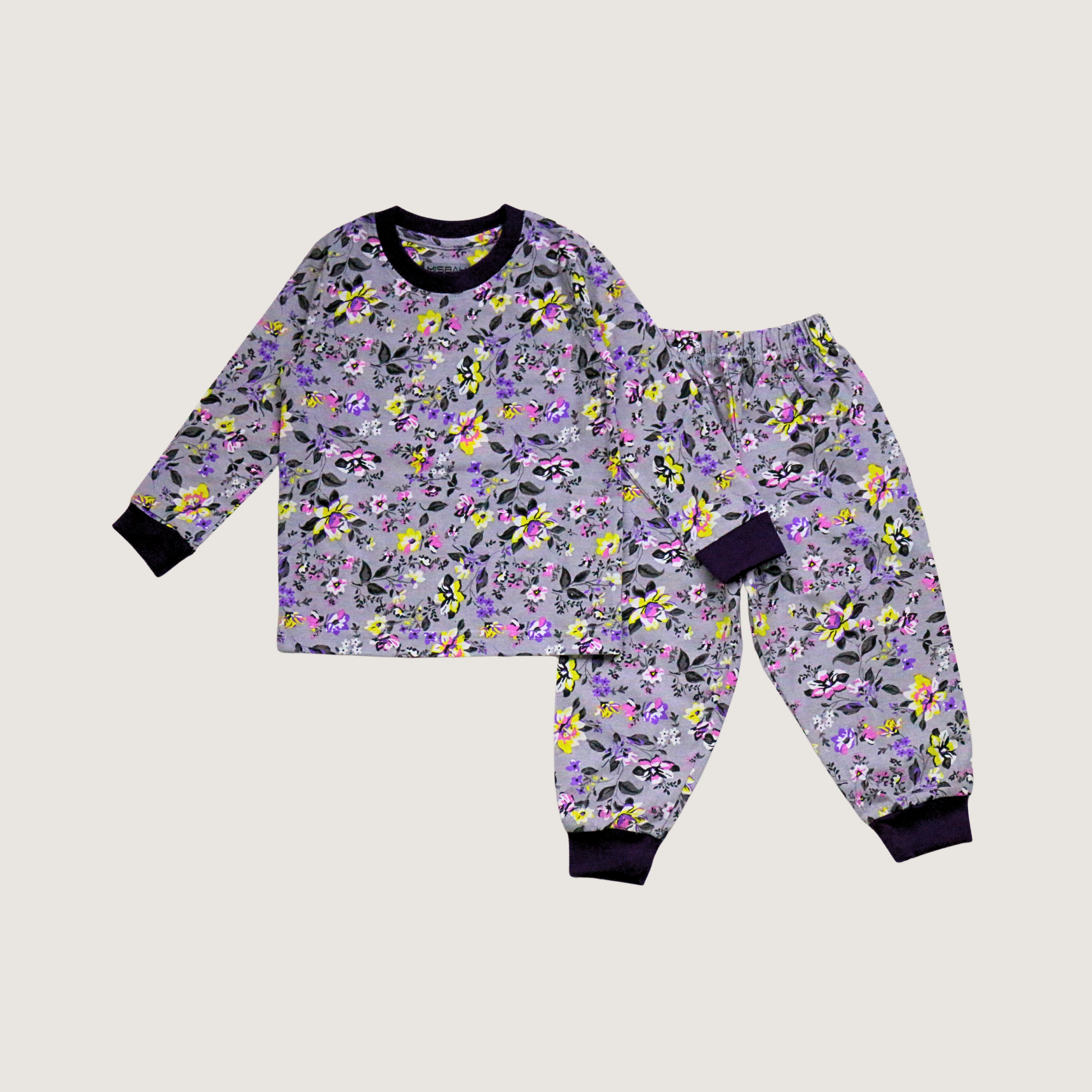 مصباح - بيجامة زهور رمادية بنفسجية بأكمام طويلة (بنات)