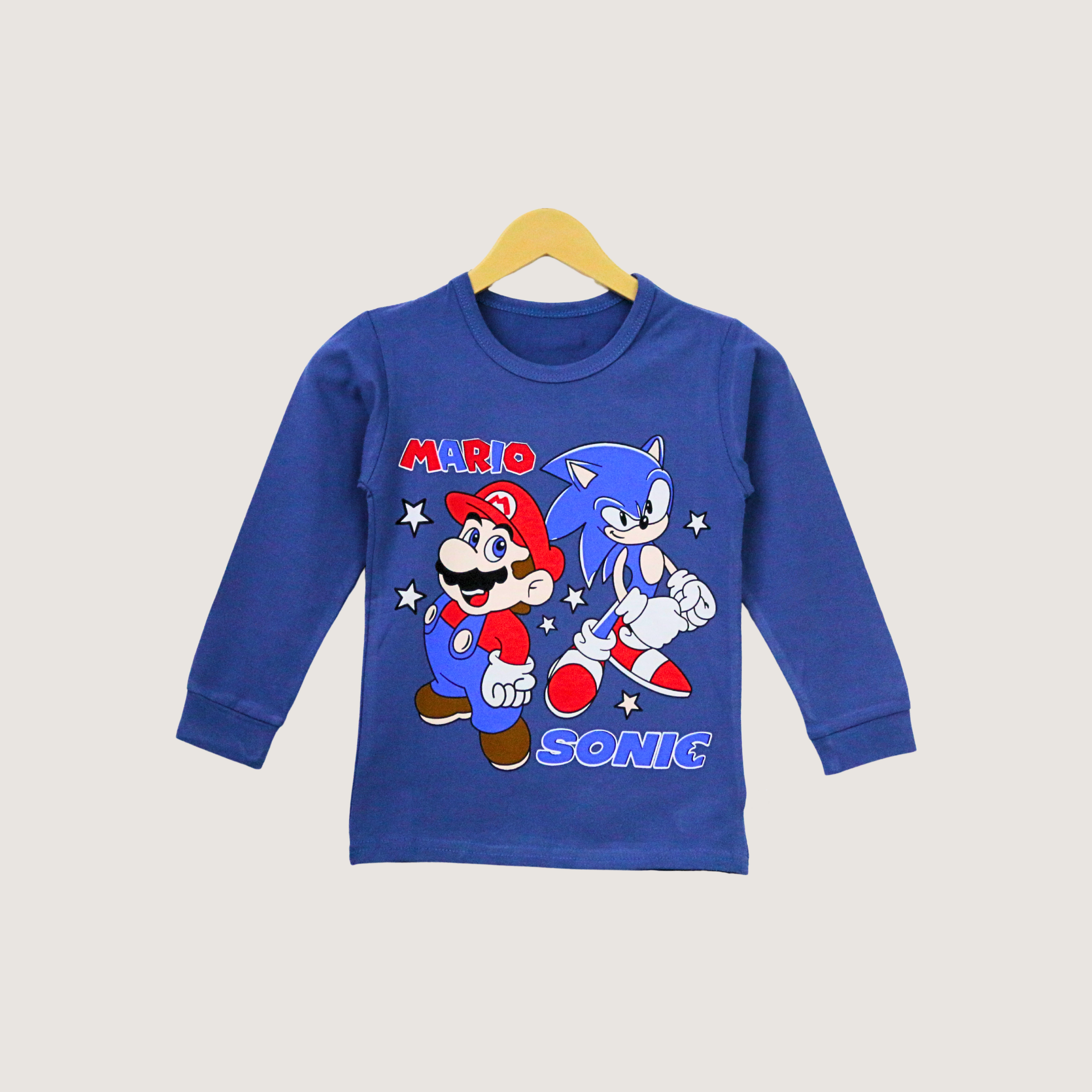 Blue children's sweatshirt with Mario and Sonic design on a hanger against a light gray background