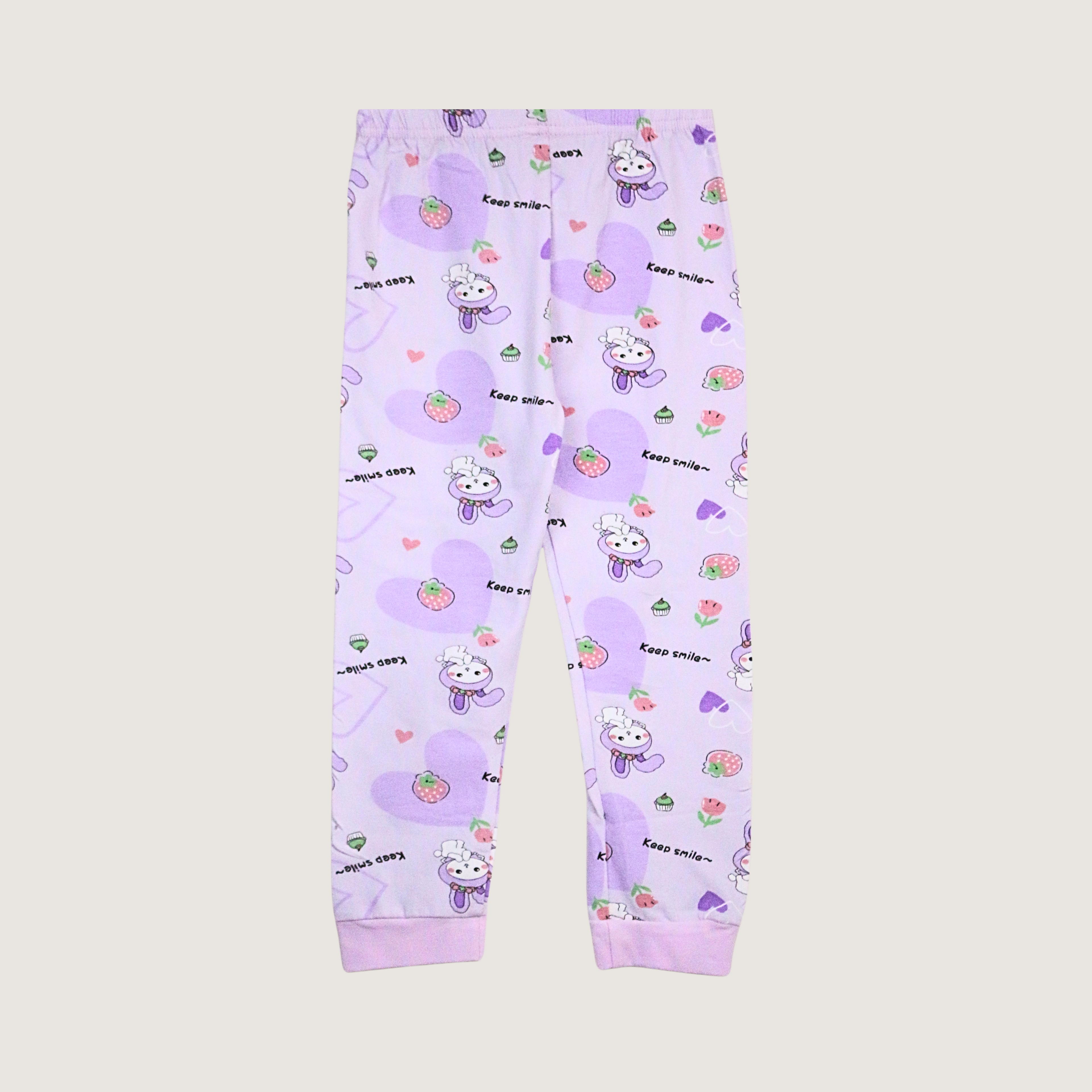 Purple children's leggings with cartoon character and text on a light gray background