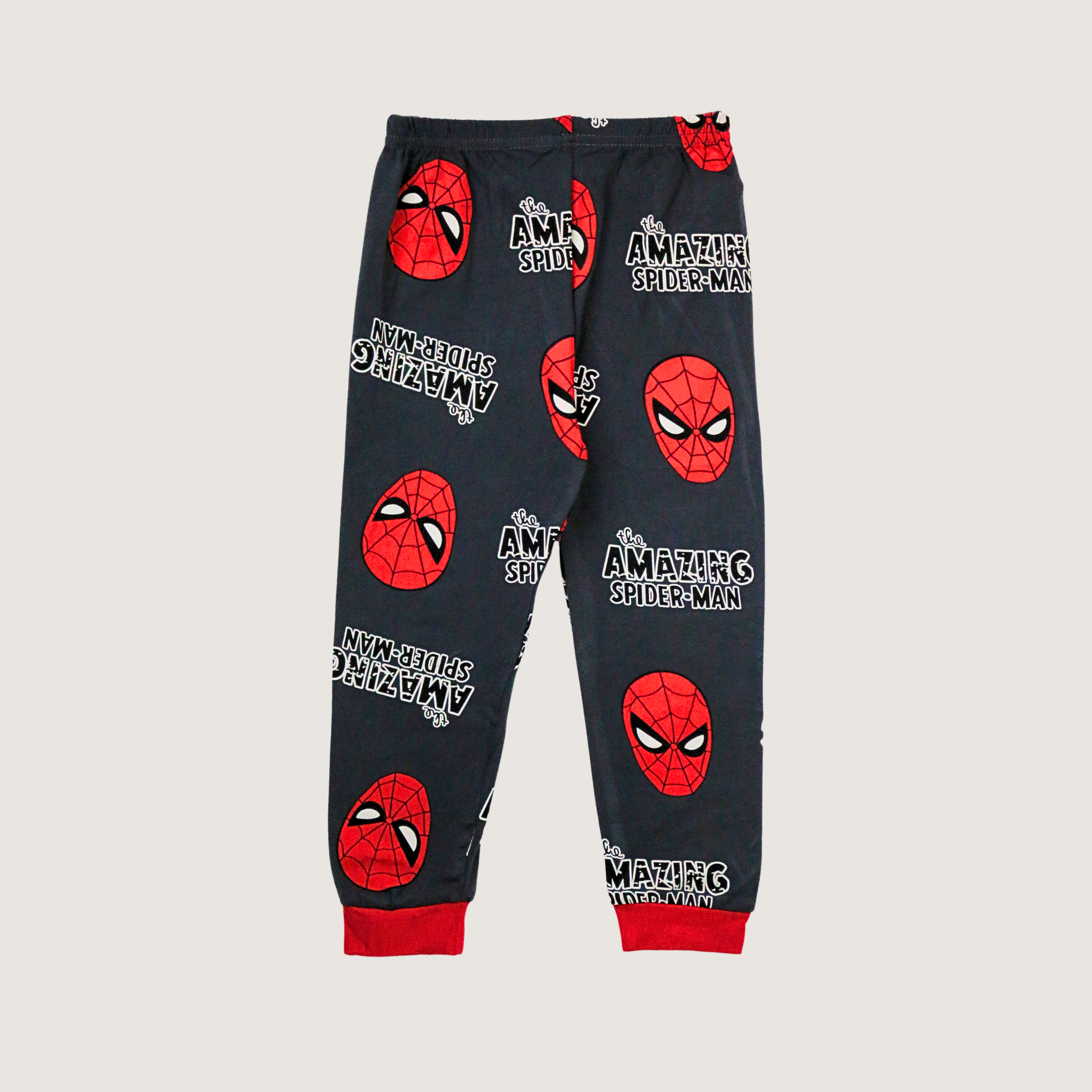 Spider-Man pajama pants on a light gray background