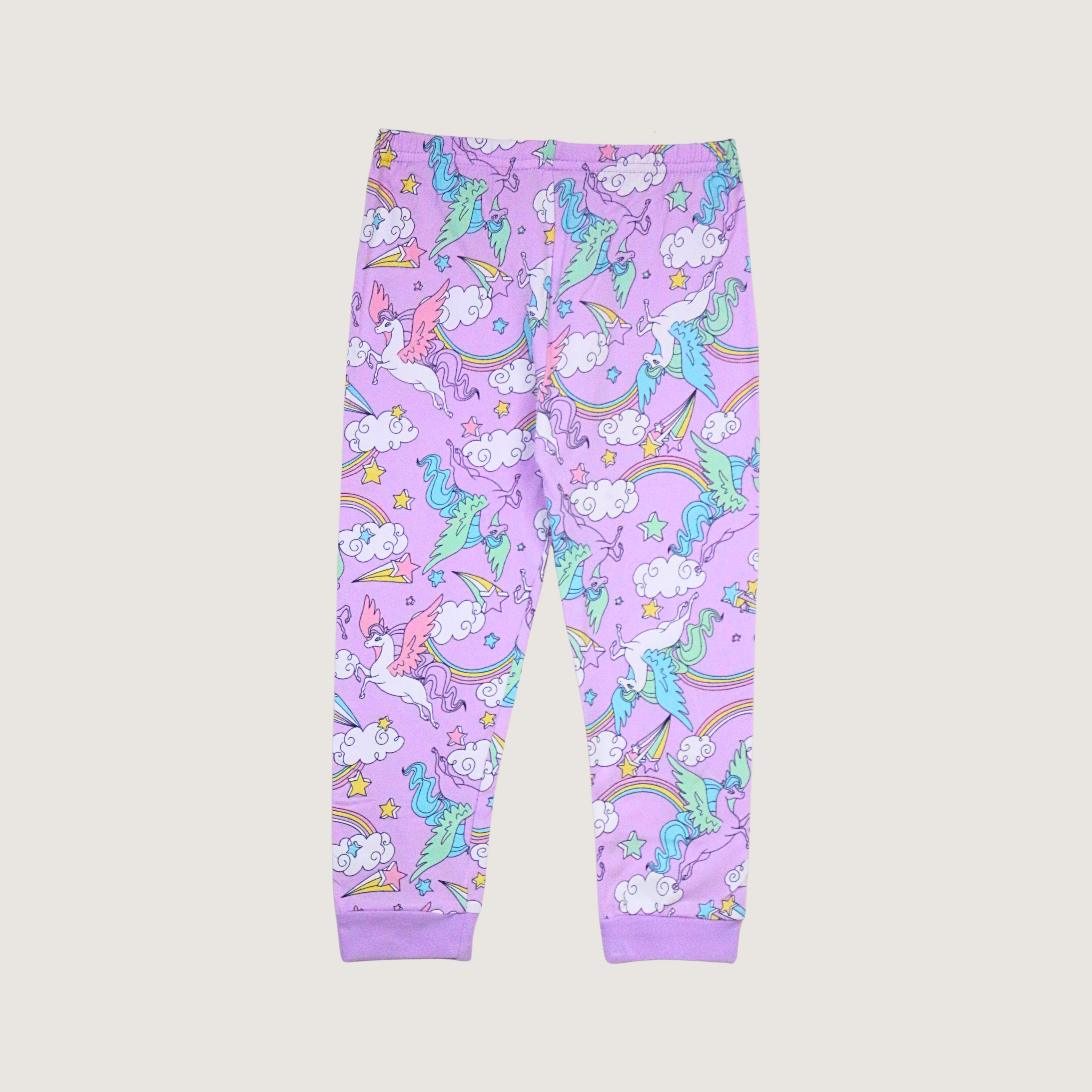 Purple children's leggings with colorful dinosaur and cloud pattern on a beige background