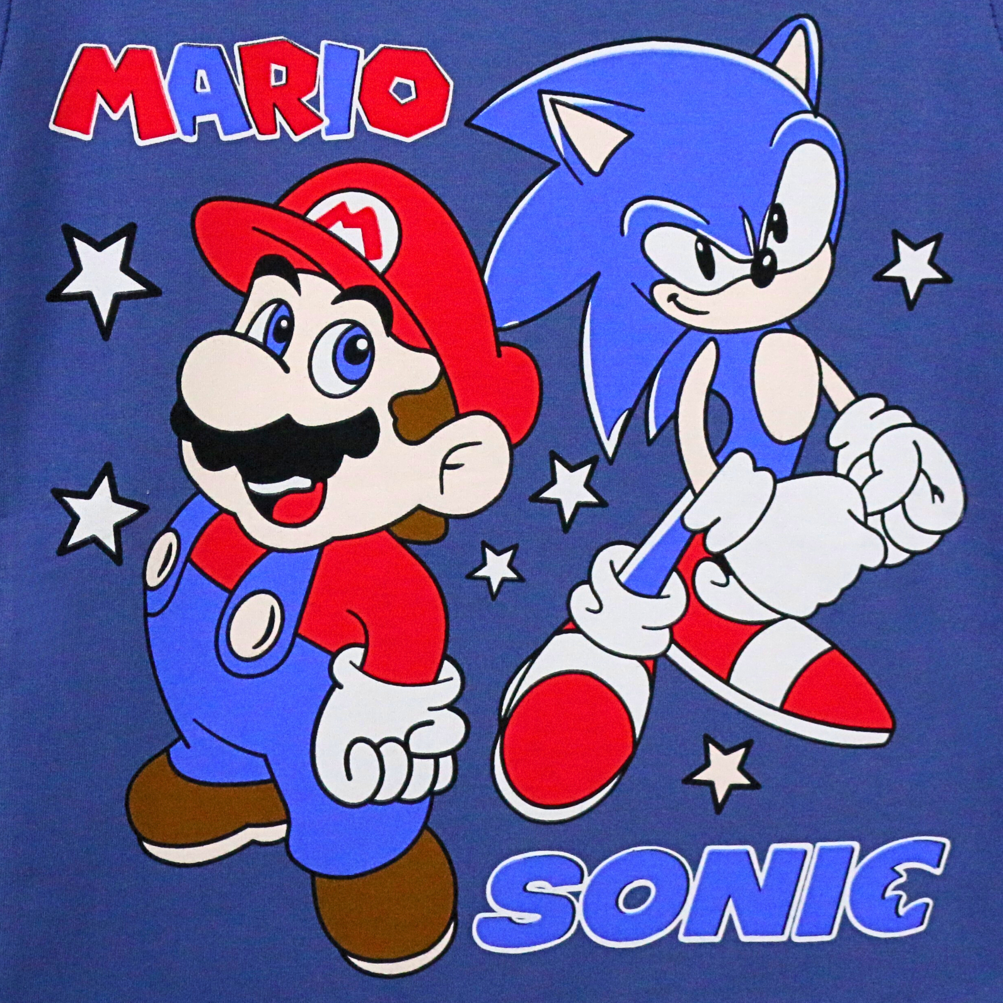 Collaboration between Mario and Sonic on a blue background with stars.