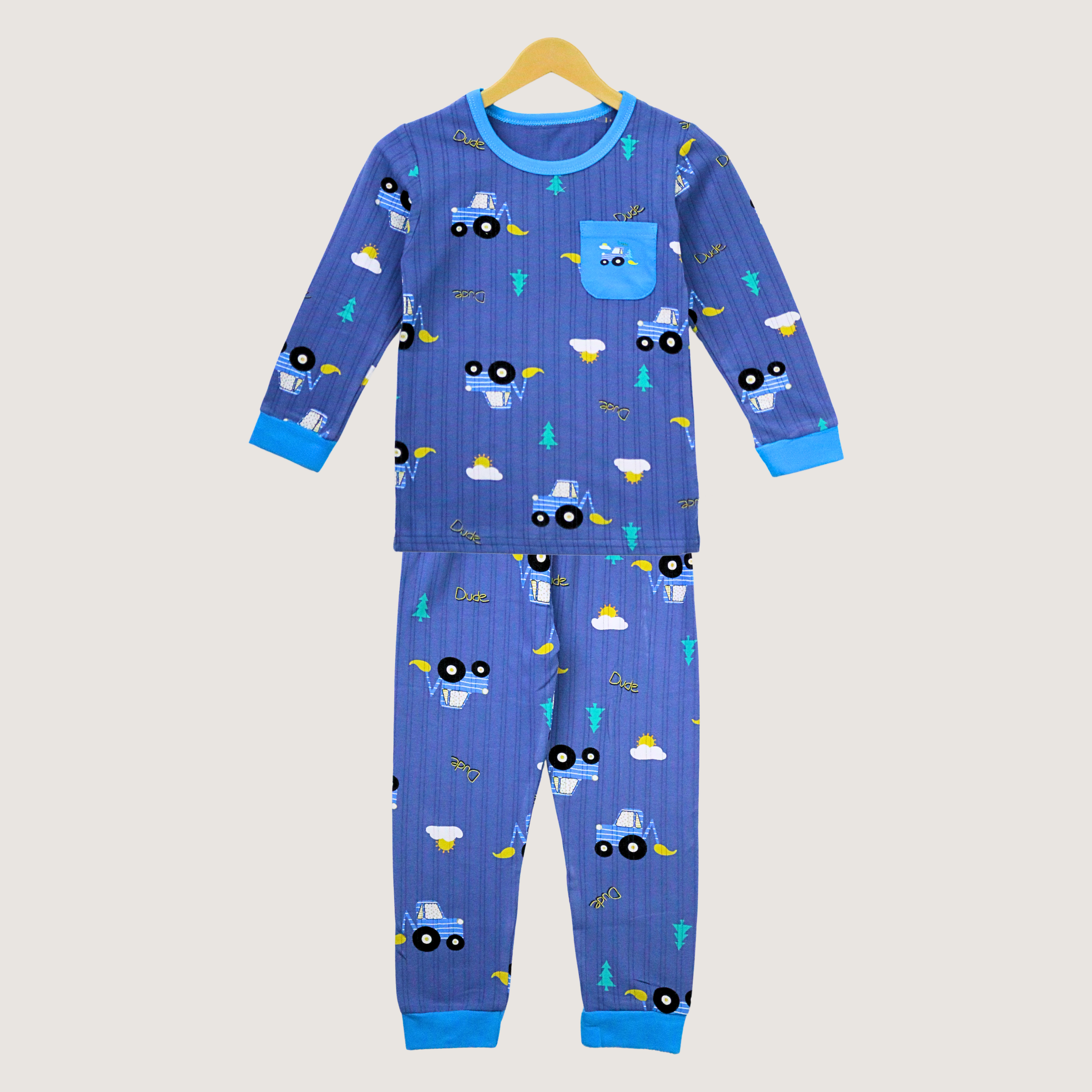 Children's blue pajama set with vehicle pattern on a white background