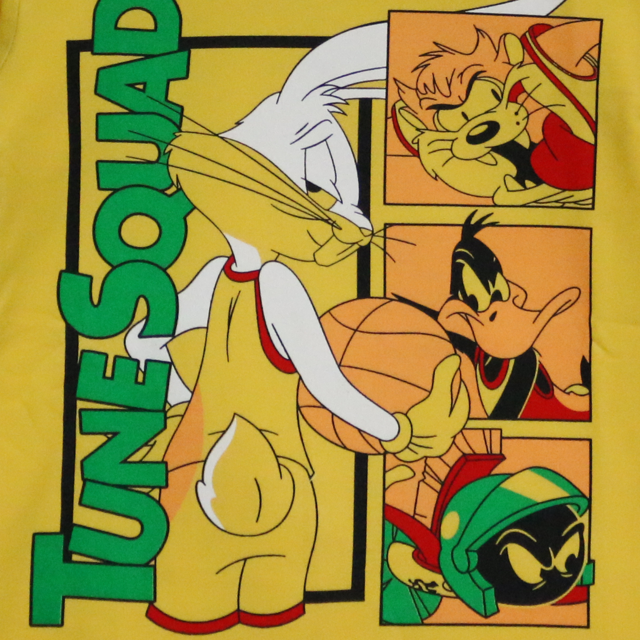 T-shirt with Looney Tunes characters and 'Tune Squad' text on a yellow background