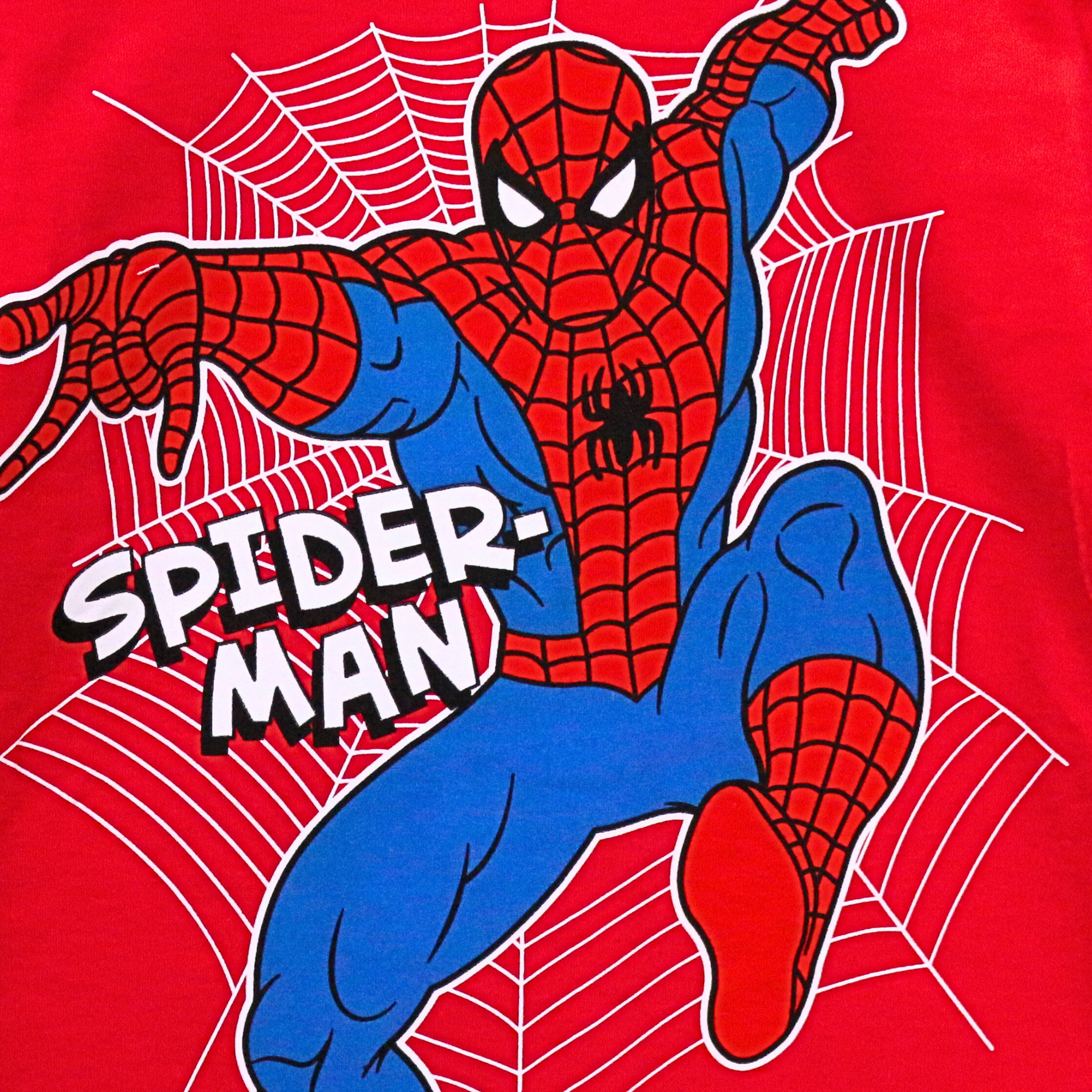 Spider-Man graphic on a red background with spider web designs
