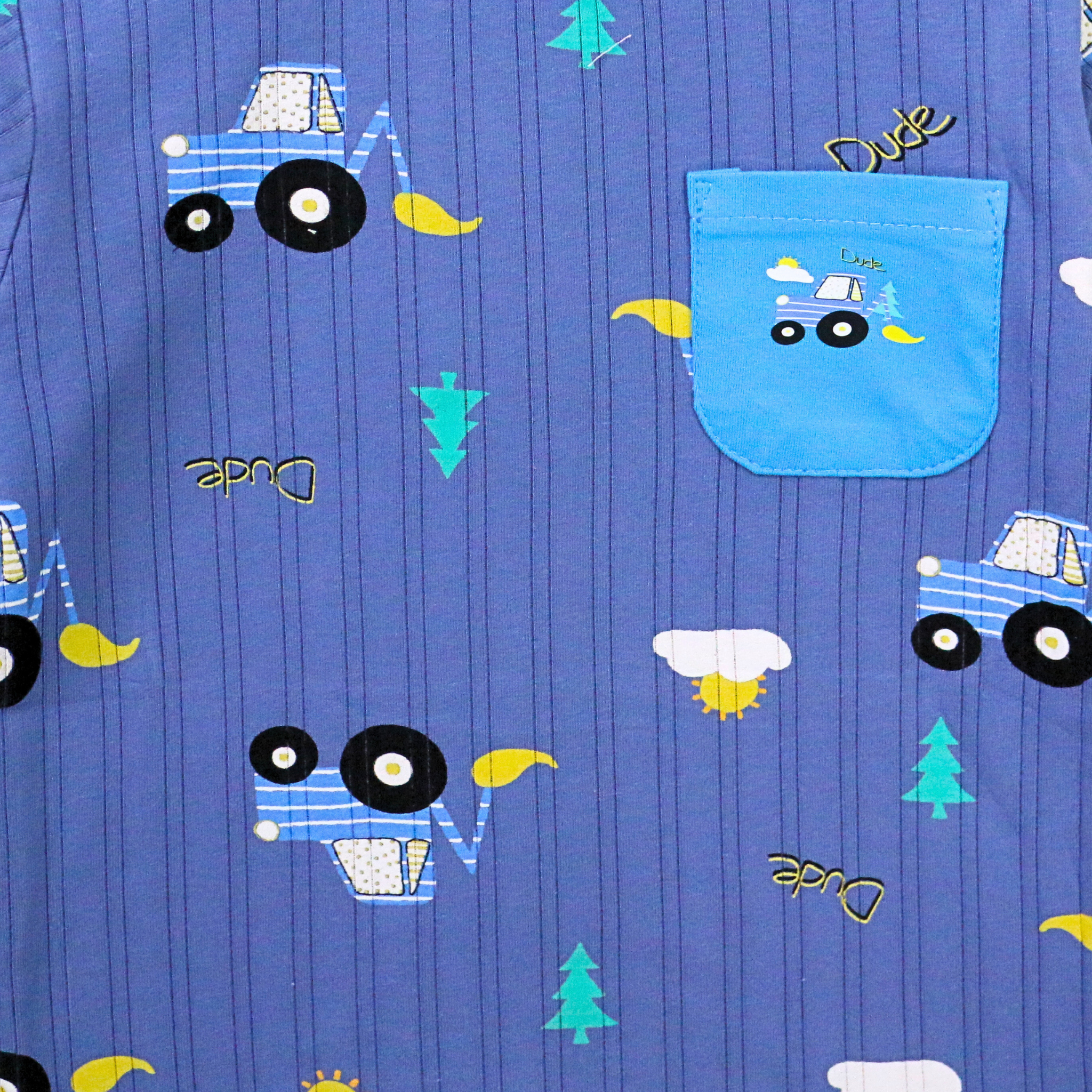 Blue fabric with truck and nature pattern, featuring a pocket with a similar design.