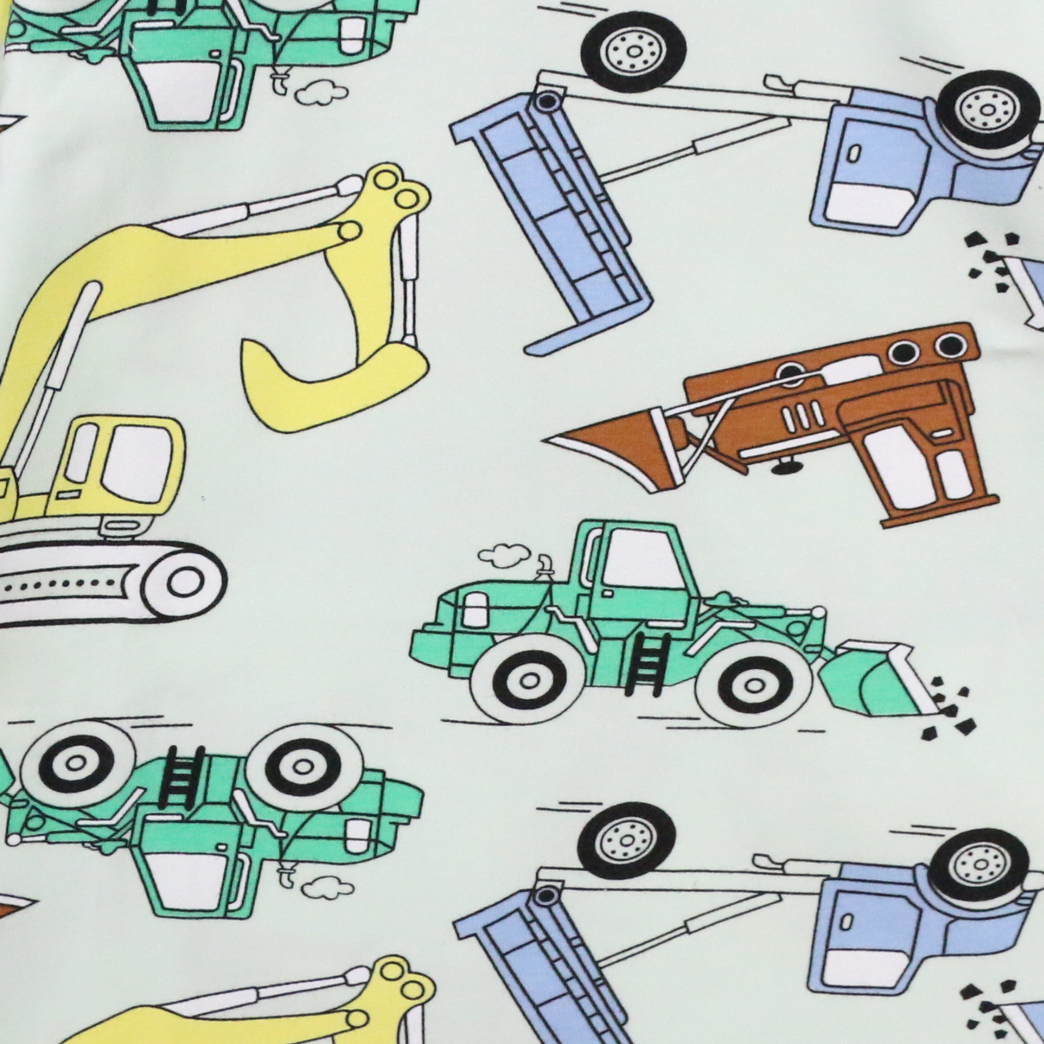 Pattern of colorful construction vehicles on a white background