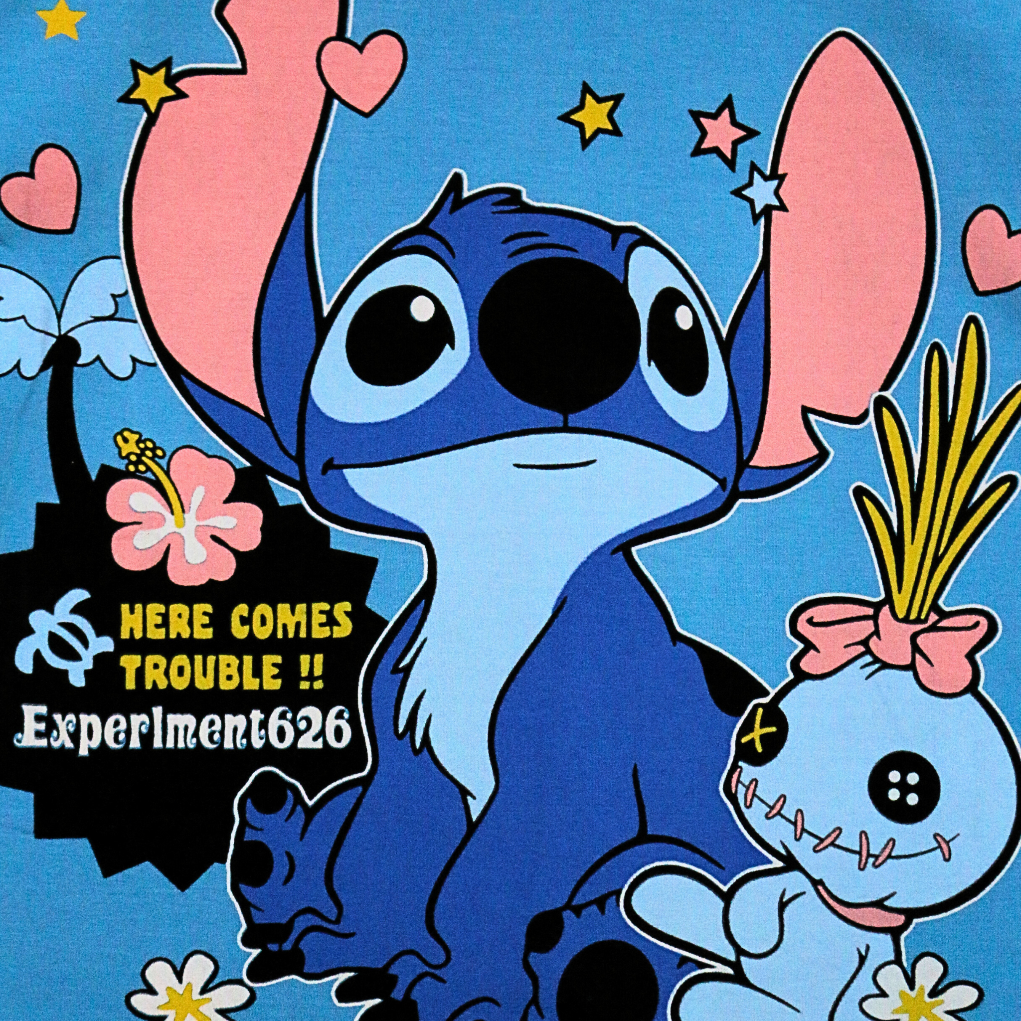 Cartoon character with text 'Here Comes Trouble!! Experiment626' on a blue background
