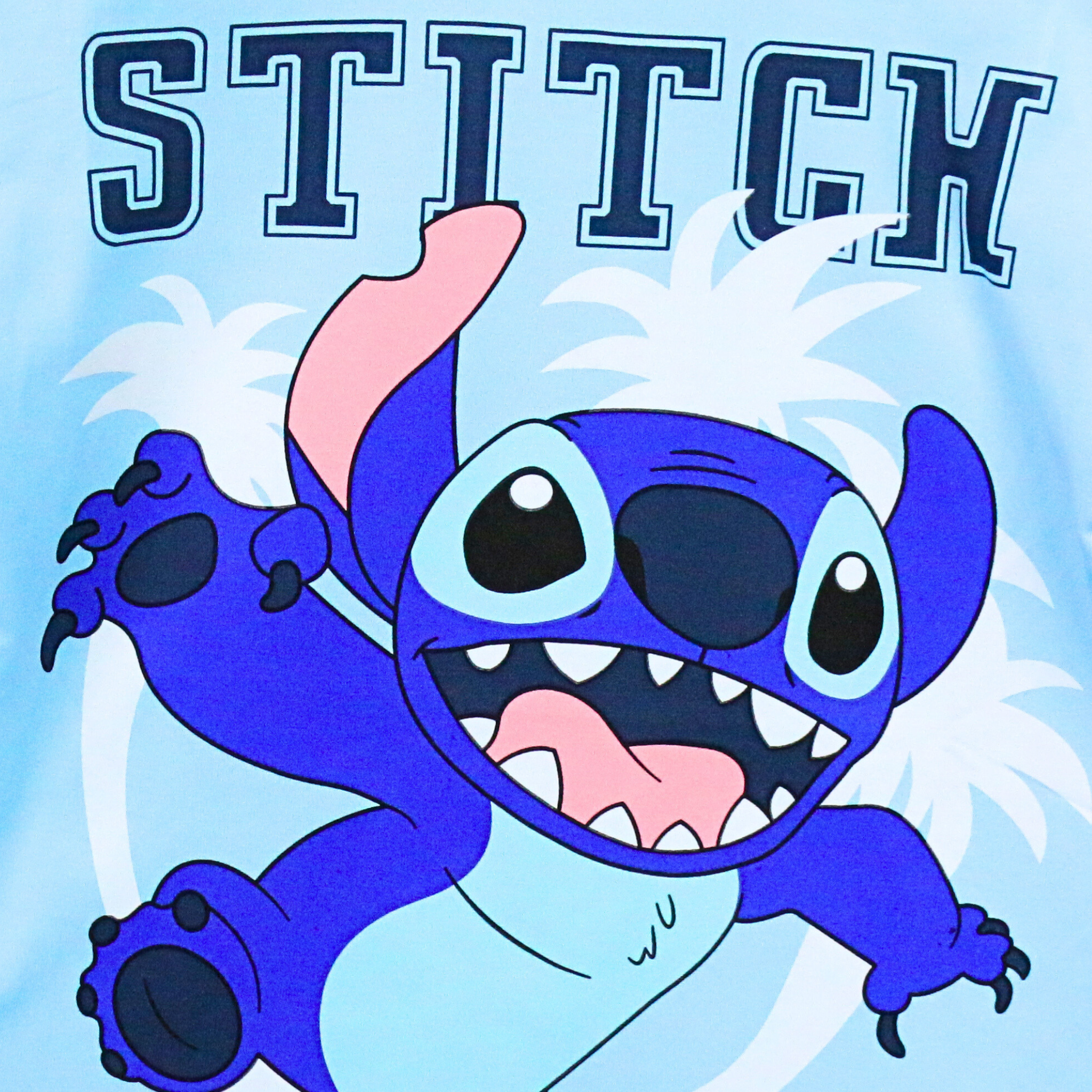 Cartoon character with 'STITCH' text on a light blue background