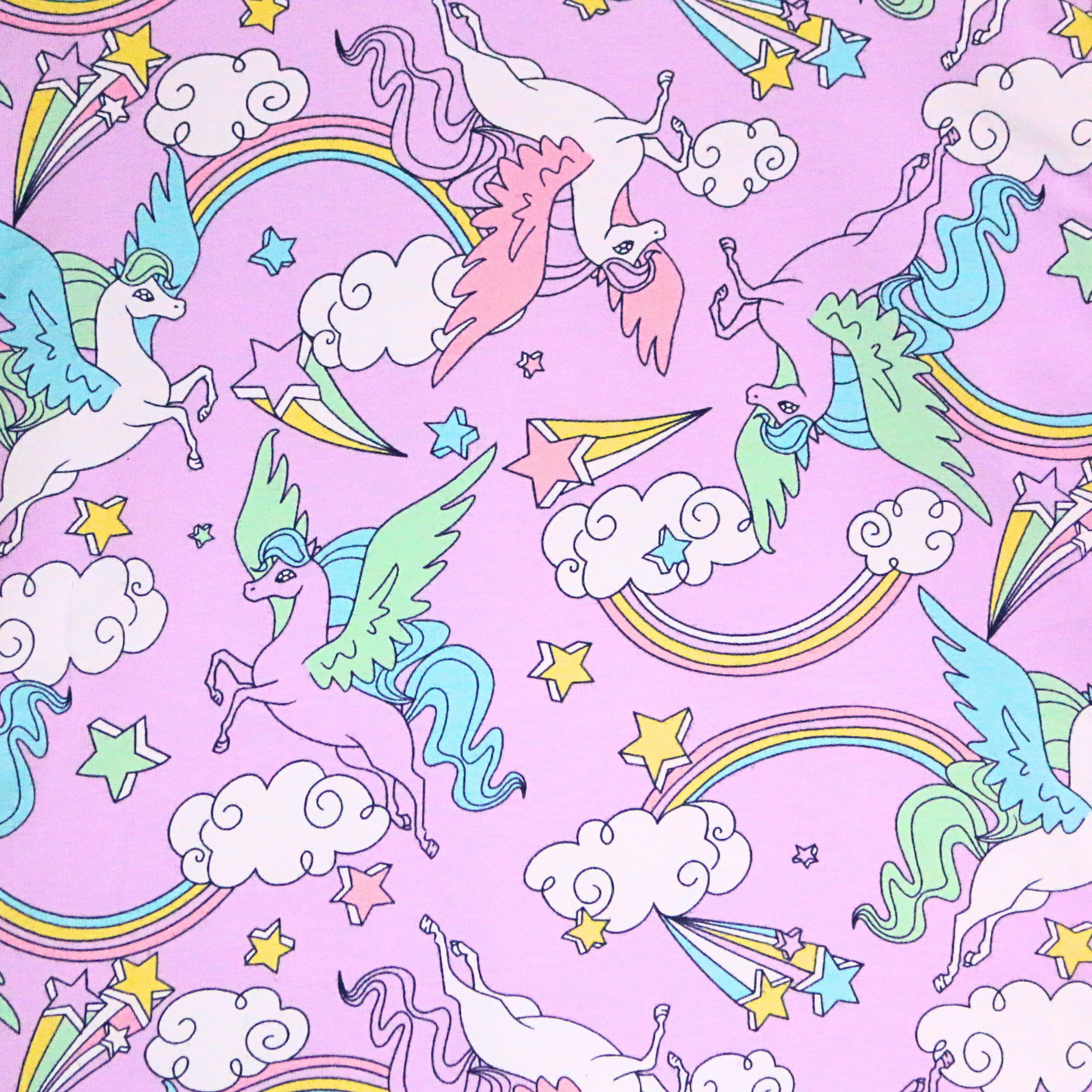Pattern of unicorns, rainbows, and clouds on a pink background