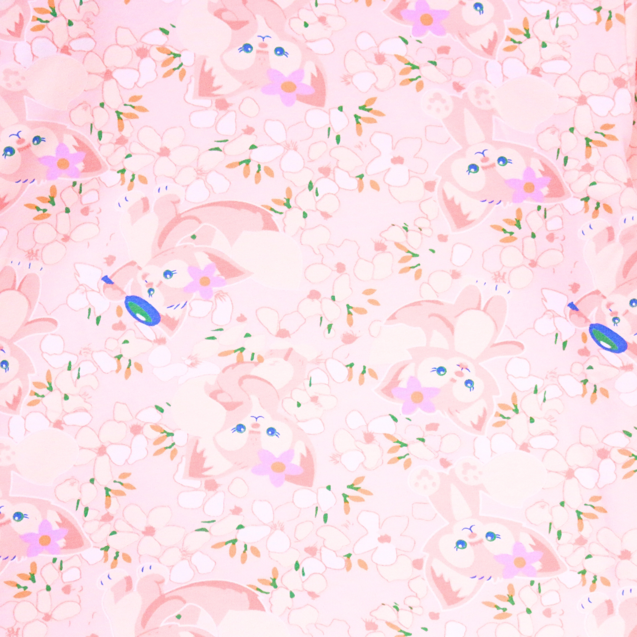 Pattern of cartoon characters with colorful elements on a pink background