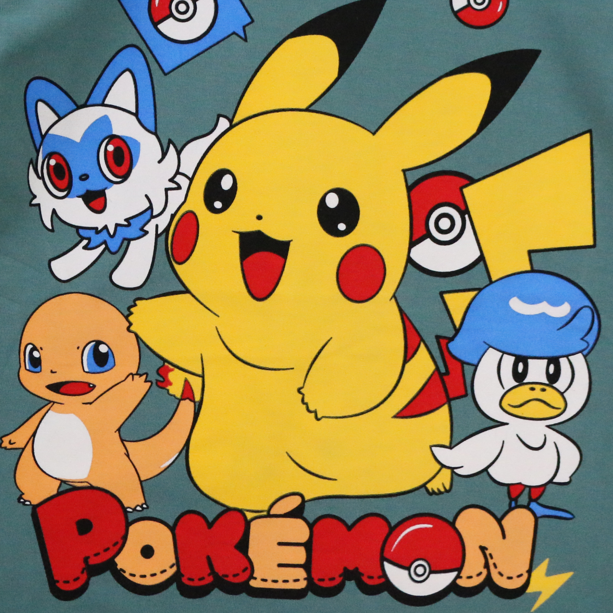 Pokémon characters including Pikachu and other Pokémon on a green background