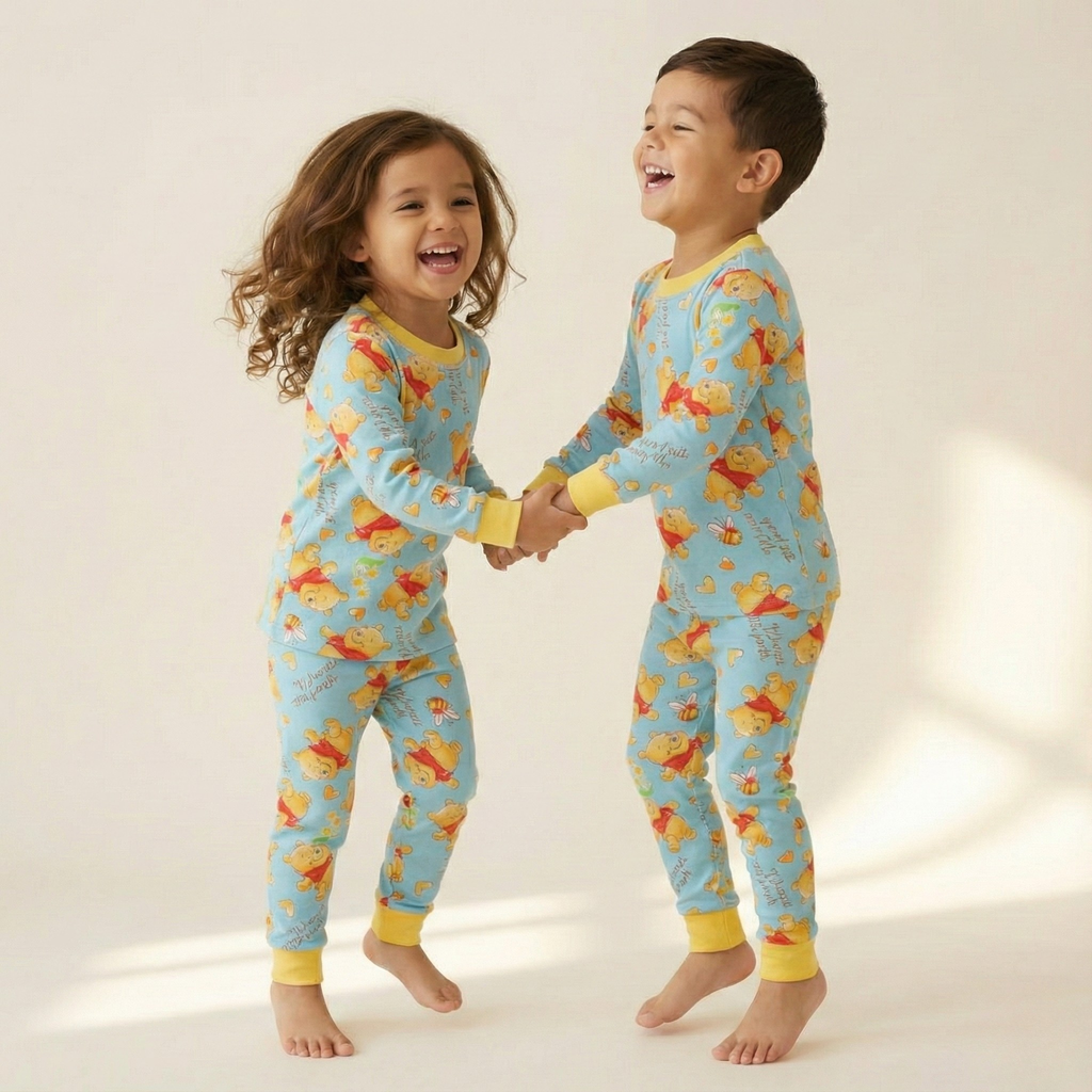 بيجاما ويني ذات الأكمام الطويلة الحرارية بنقشة القلوب الصفراء (للجنسين)