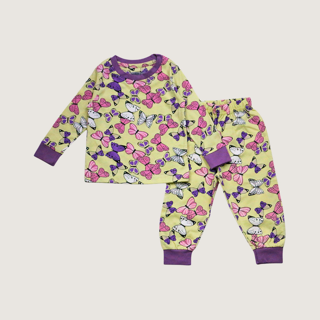 Children's pajama set with butterfly pattern on a light gray background