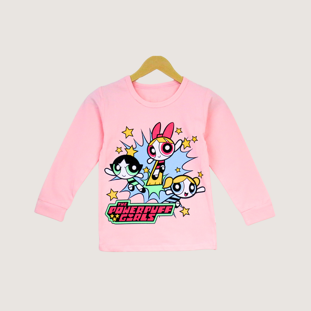Pink long-sleeve shirt with Powerpuff Girls graphic on a white background