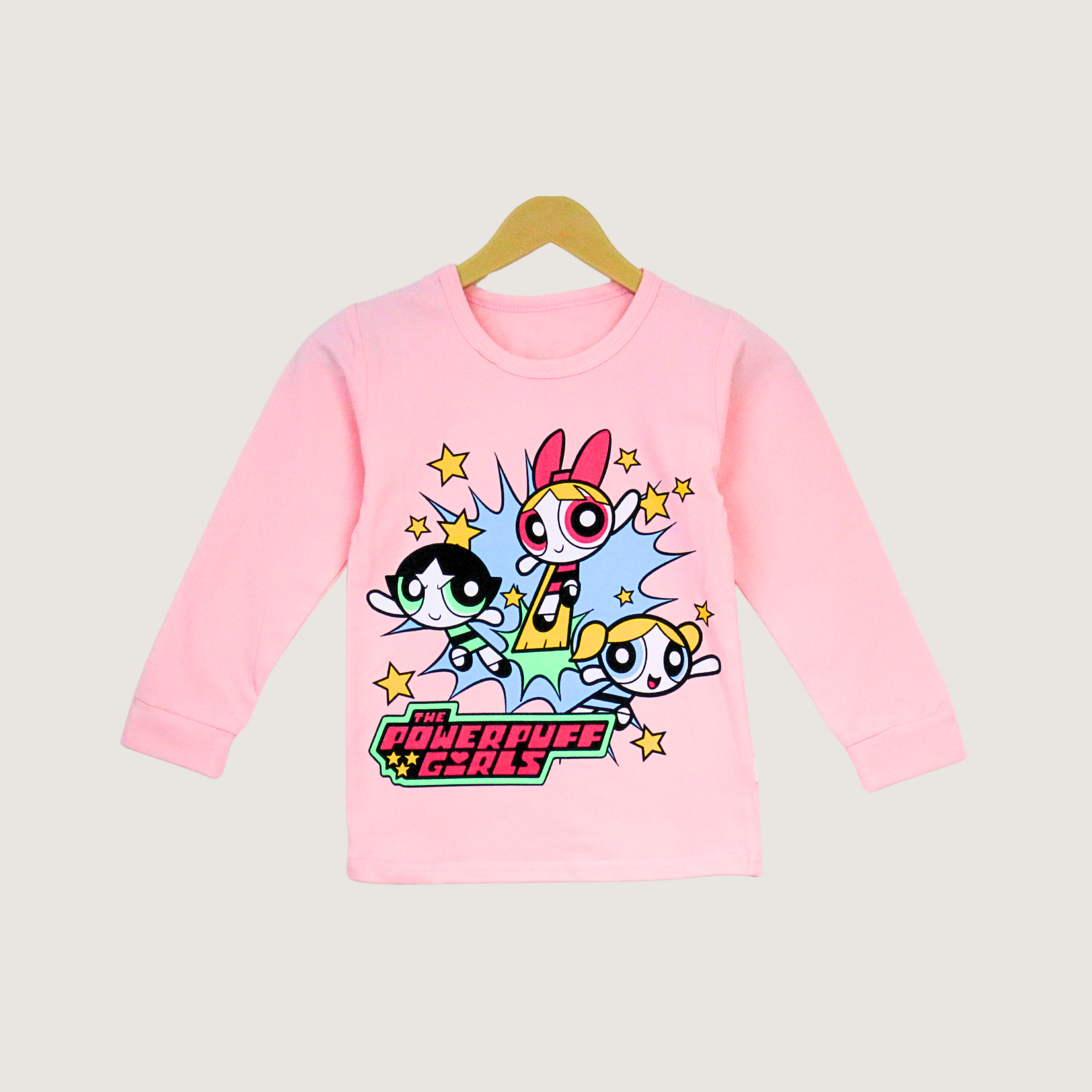 Pink long-sleeve shirt with Powerpuff Girls graphic on a white background