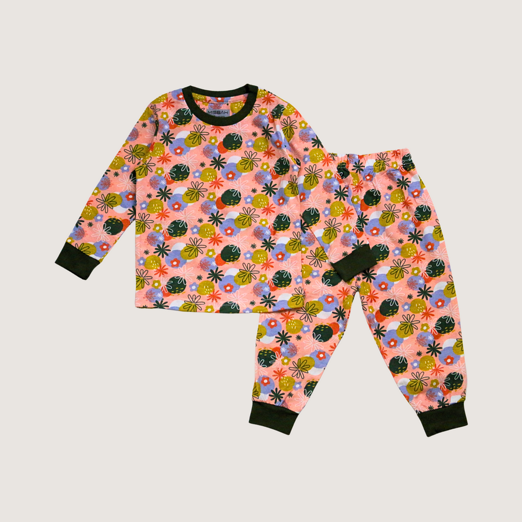 floral pink long sleeves pajamas girls