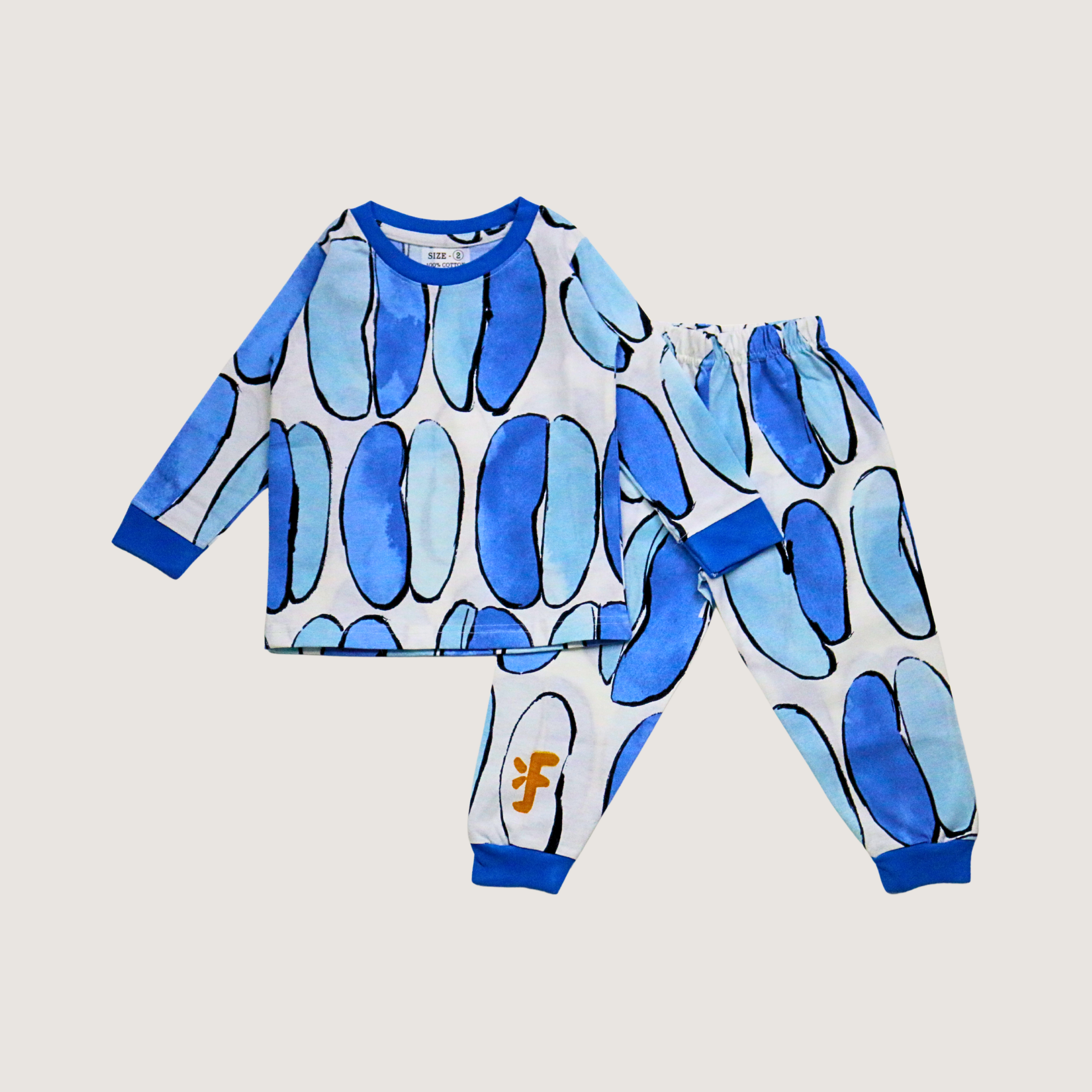 Children's pajama set with blue abstract pattern on a light gray background