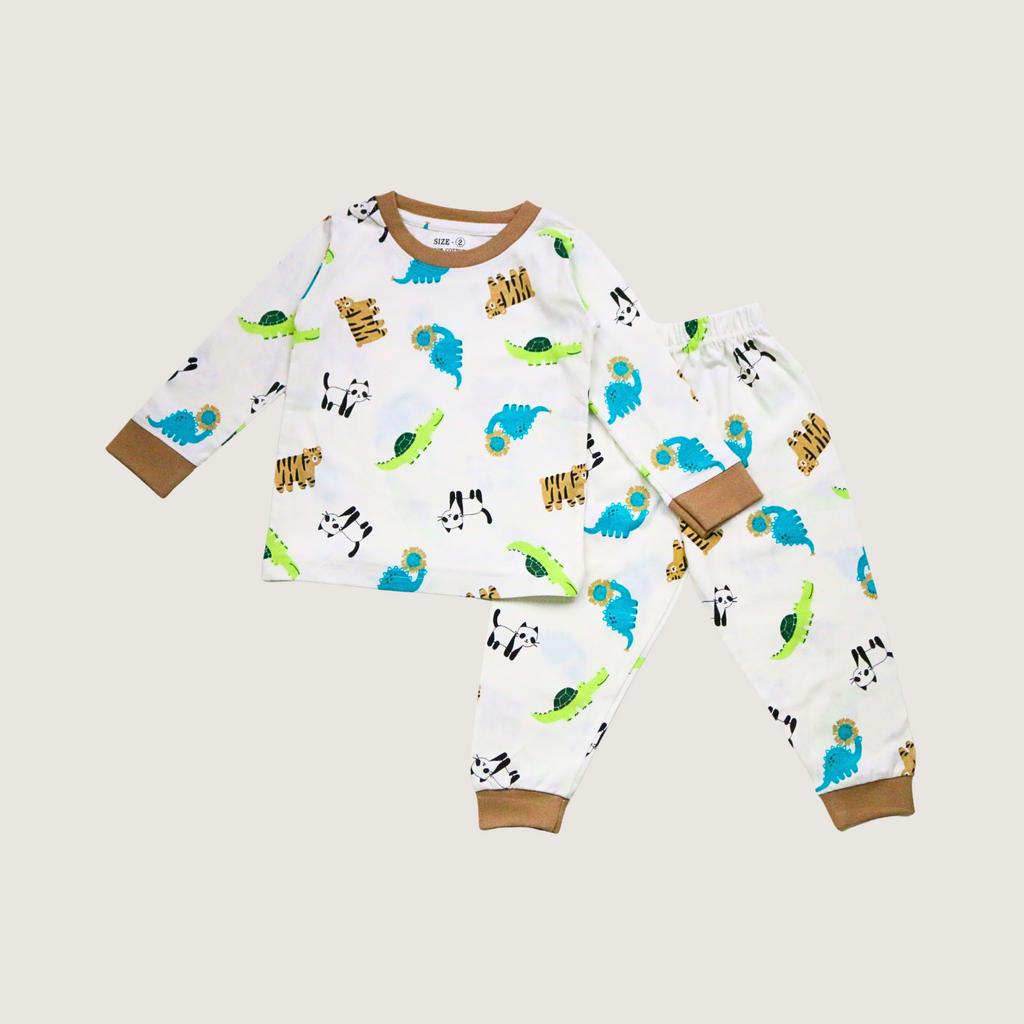 Children's pajama set with dinosaur pattern on a white background