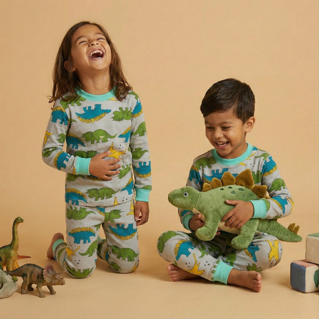 بيجاما حرارية رمادية متعددة الألوان بأكمام طويلة بنقشة الديناصورات (للجنسين)