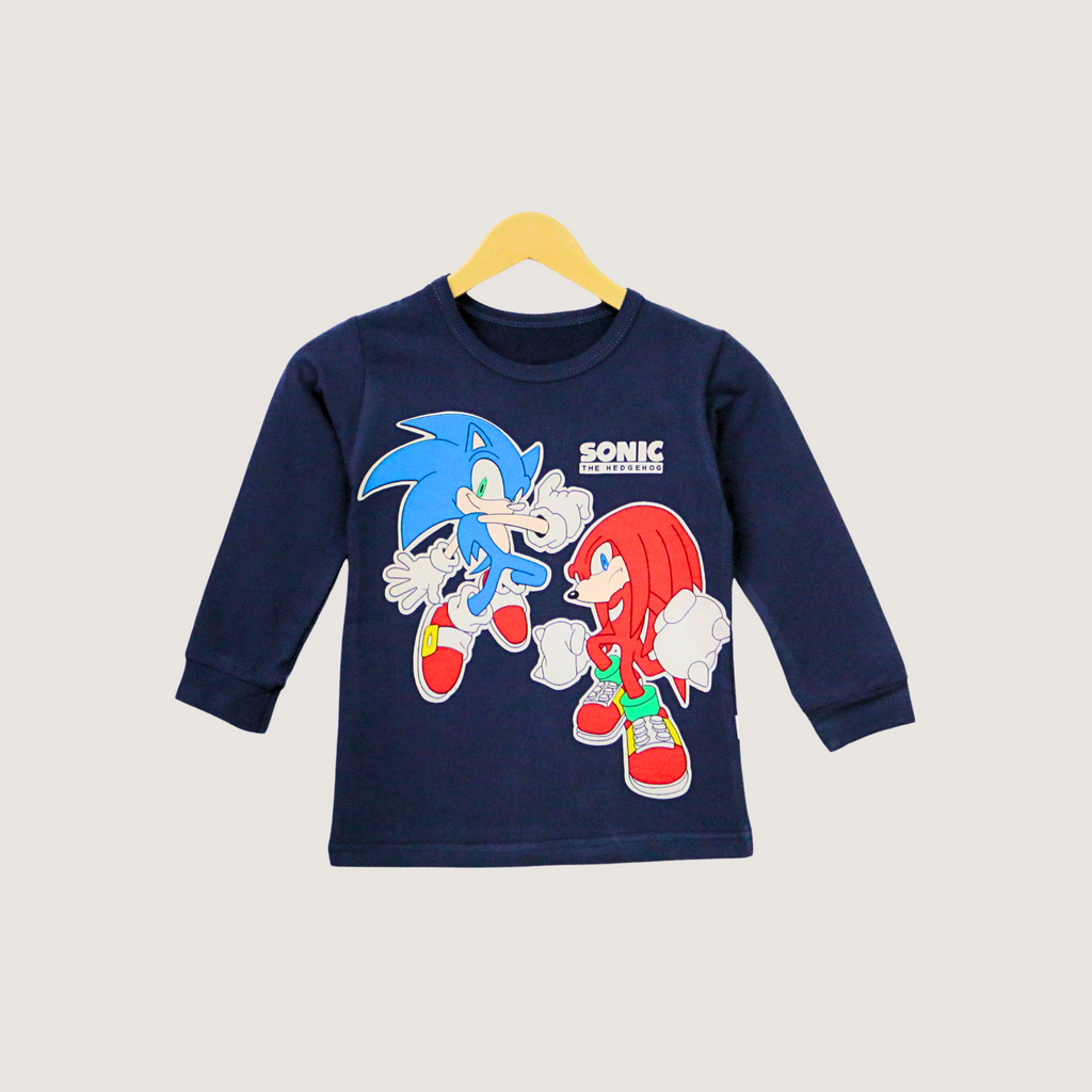 Navy blue long-sleeve shirt with Sonic the Hedgehog characters on a hanger against a light gray background
