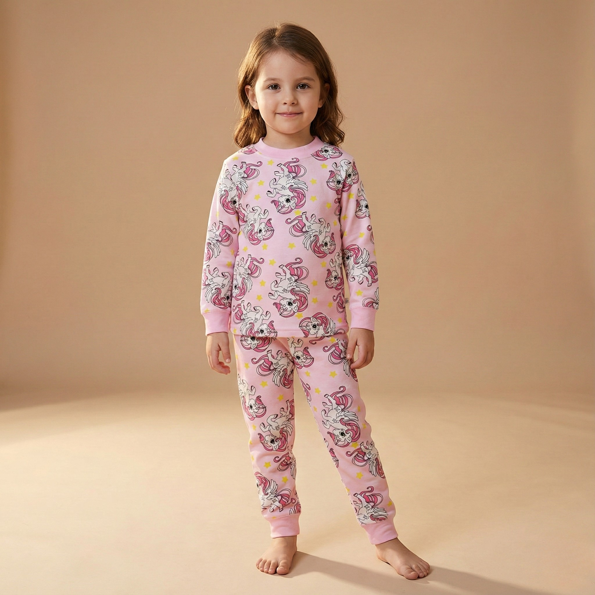 بيجاما حرارية بأكمام طويلة وردية اللون مزينة بنجوم وحيد القرن (للبنات)