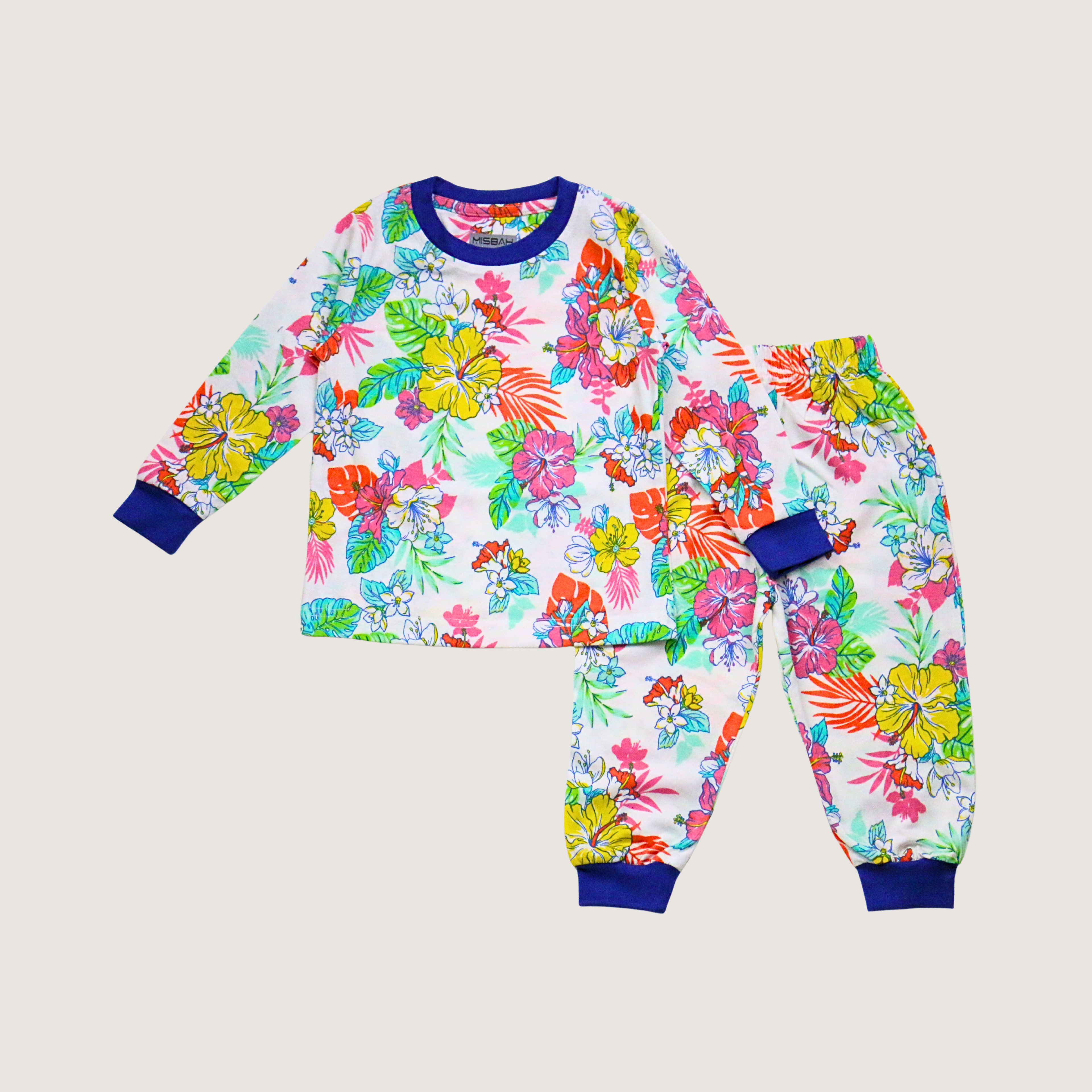 Colorful floral pajama set on a light gray background