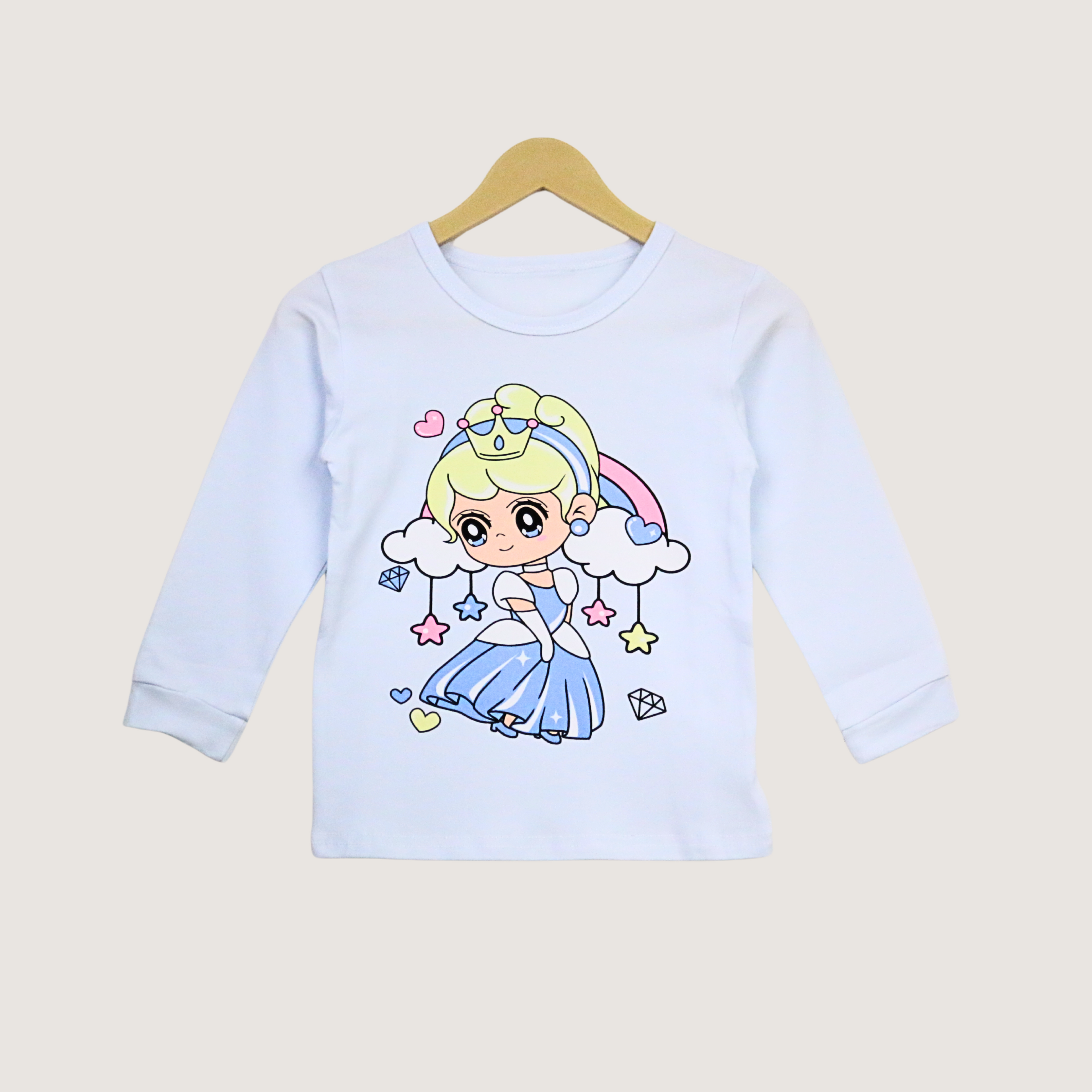 Children's light blue sweatshirt with a cartoon character on a beige background