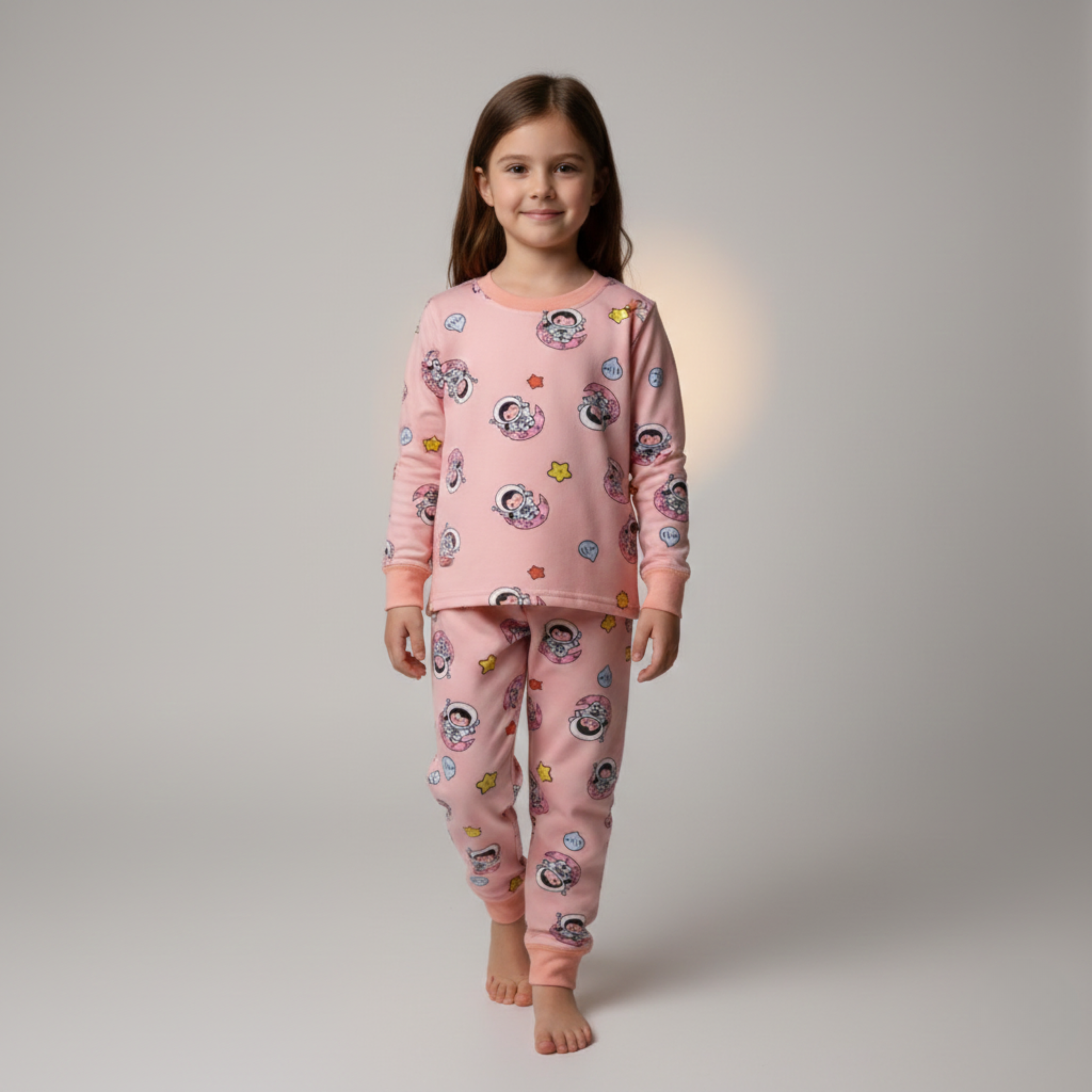 Astronaut Peach Orange Long-Sleeves Pajamas (Girls)