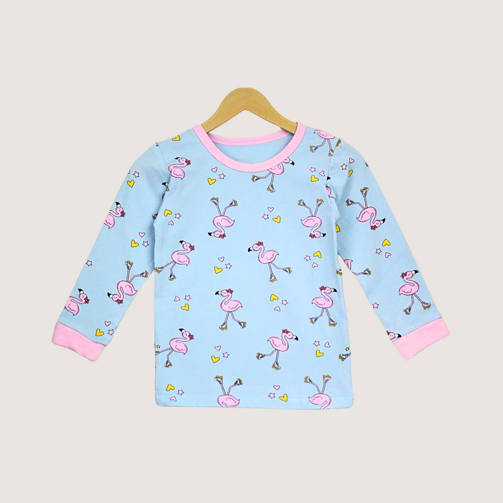 Children's long-sleeve shirt with flamingo pattern on a beige background