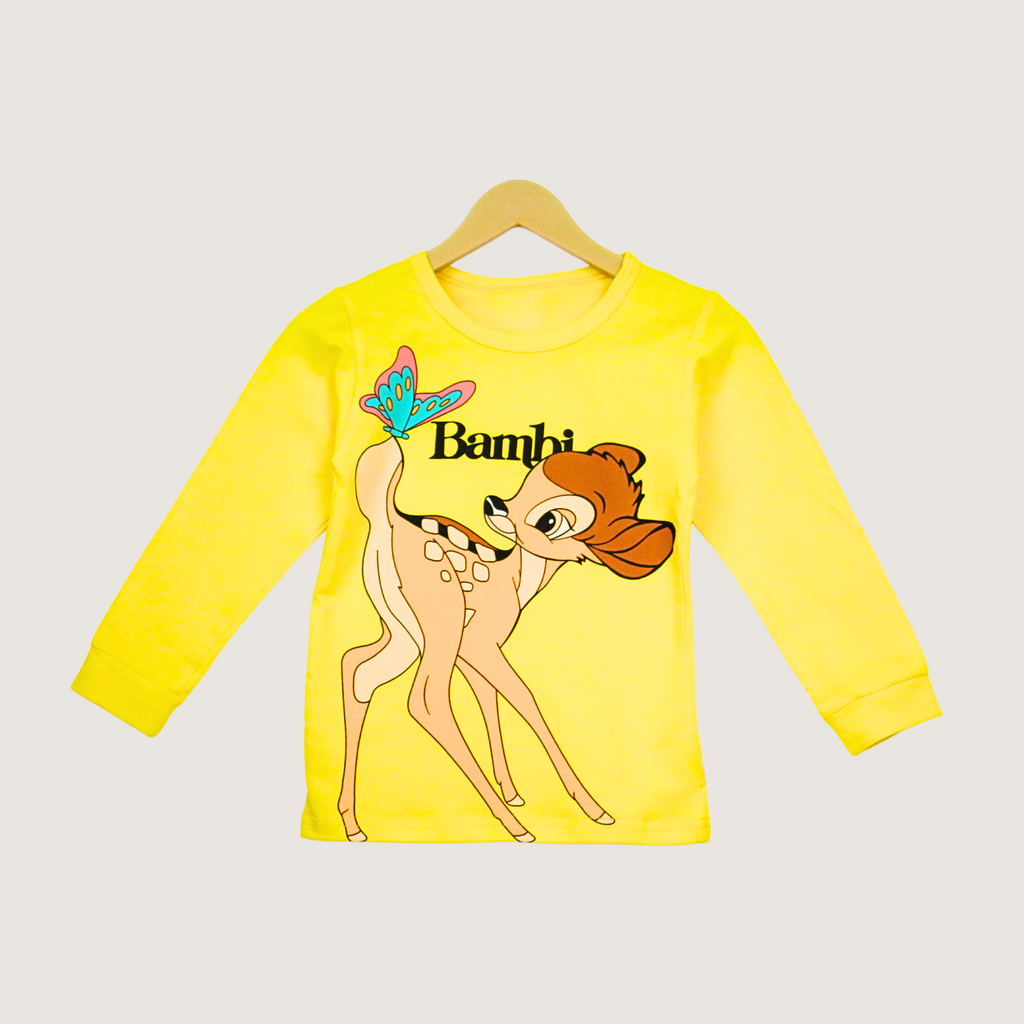 Yellow long-sleeve shirt with Bambi character on a hanger against a light gray background