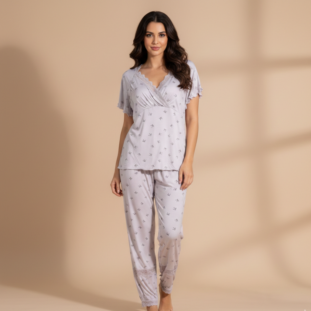 Womens Silk Pajama 2 Pcs Set 8049