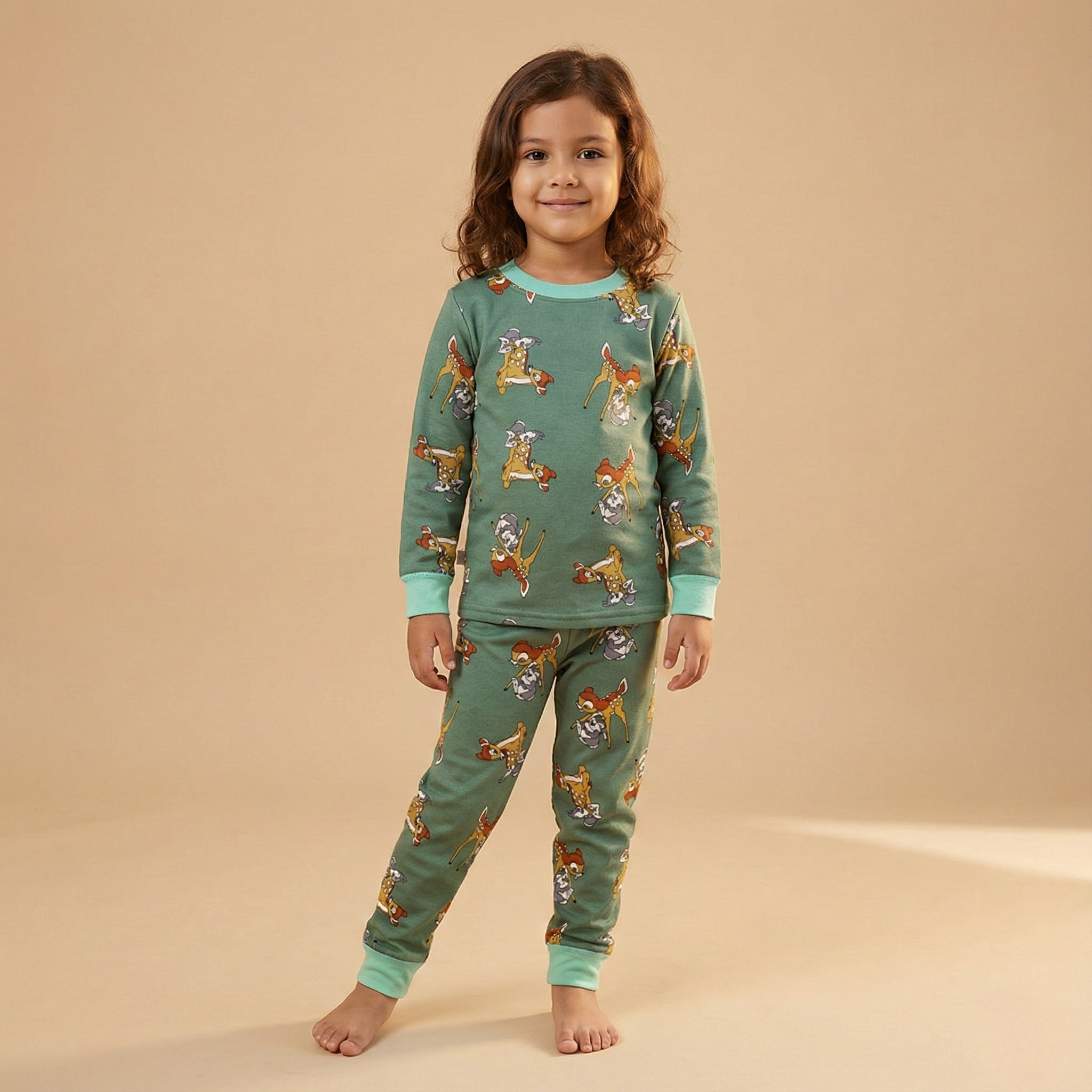 بيجامات حرارية بأكمام طويلة باللون الأخضر الغزال (للبنات)