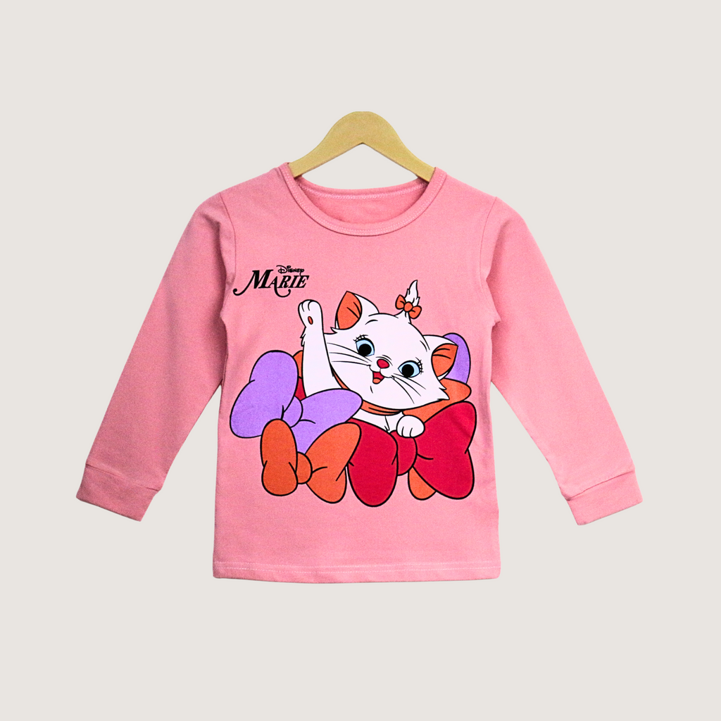 Pink children's long-sleeve shirt with a cartoon character on a hanger against a light gray background