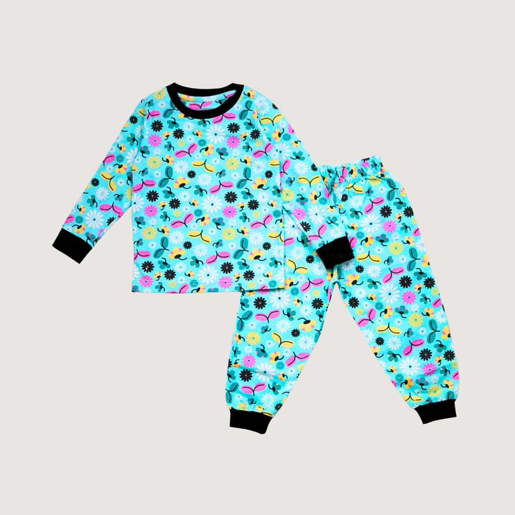 Children's pajama set with a colorful pattern on a light gray background