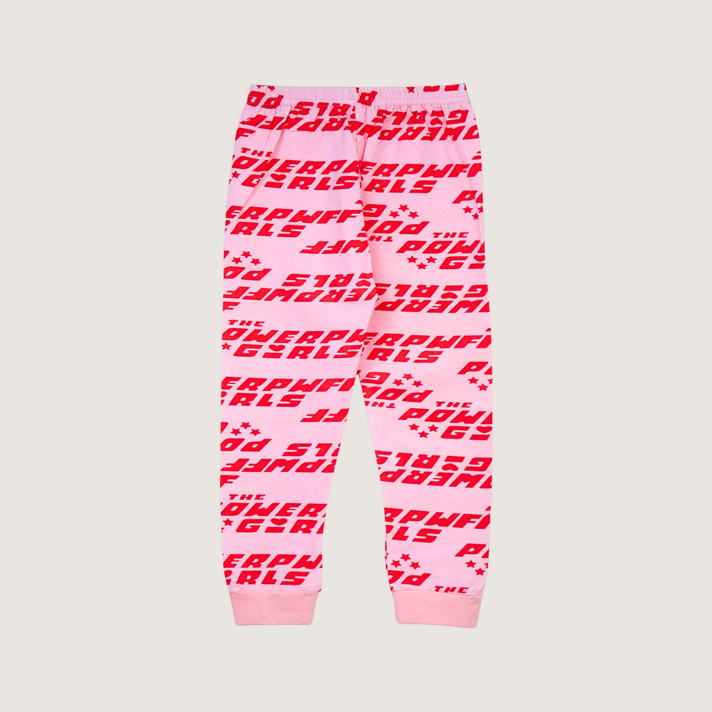 Pink leggings with red text pattern on a light gray background