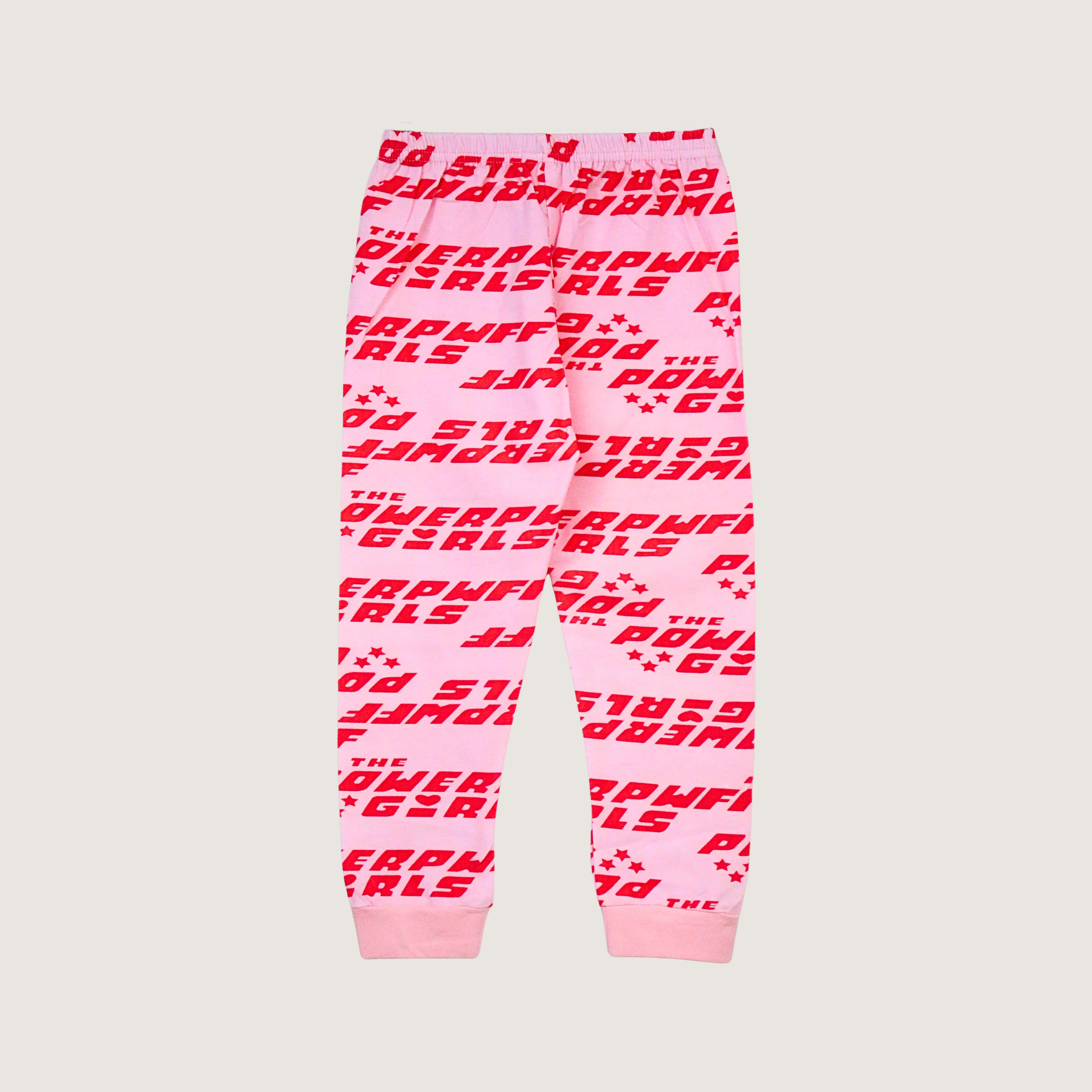Pink leggings with red text pattern on a light gray background