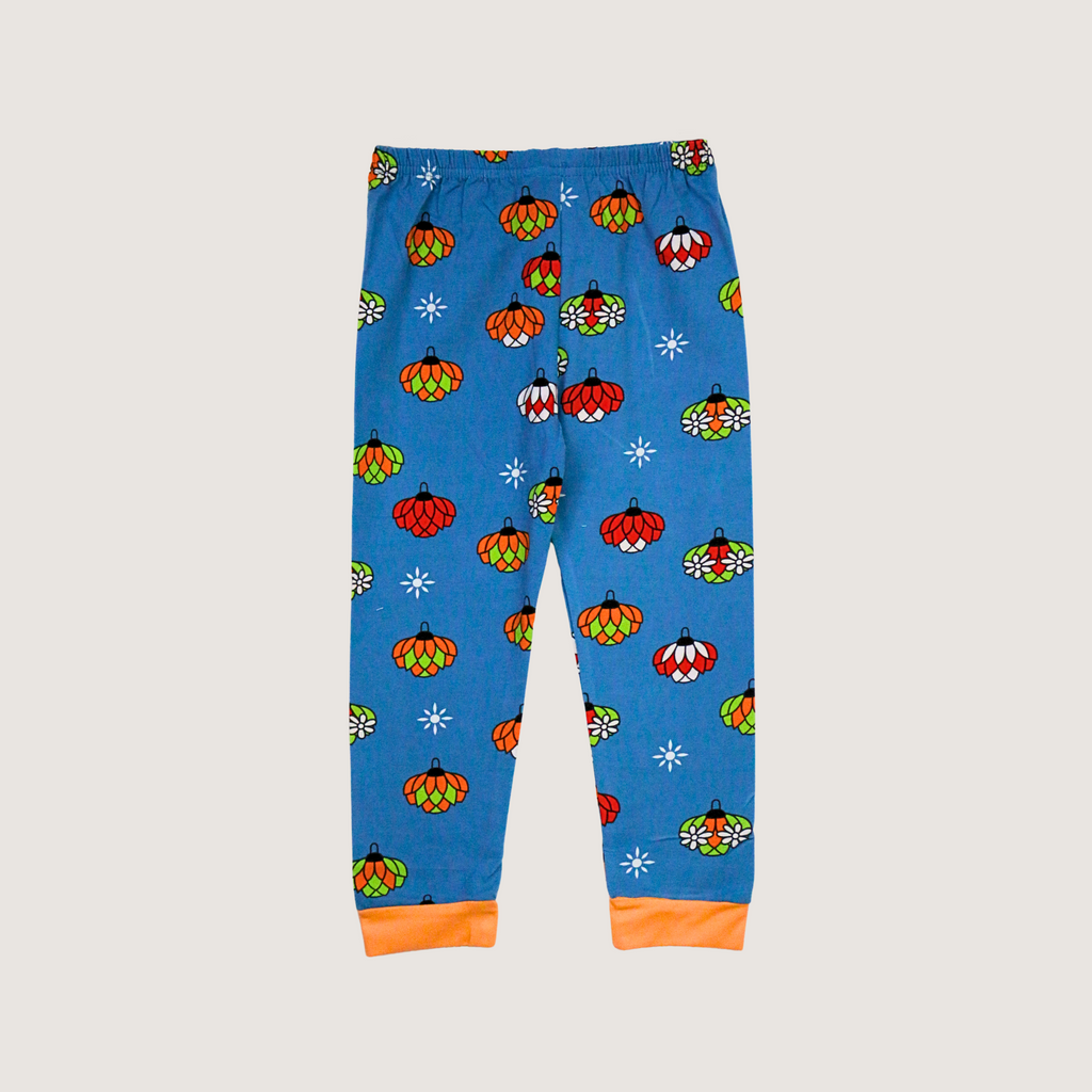Blue children's leggings with colorful pumpkin pattern on a light gray background
