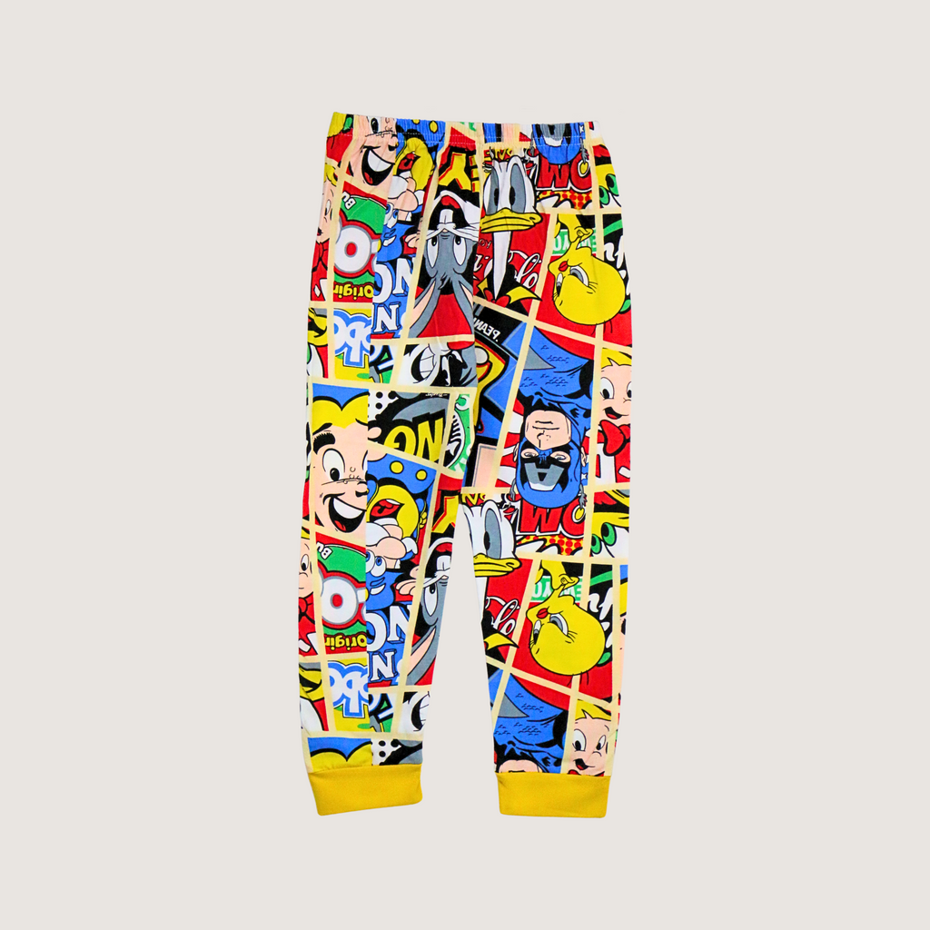 Colorful pants with cartoon character print on a light gray background