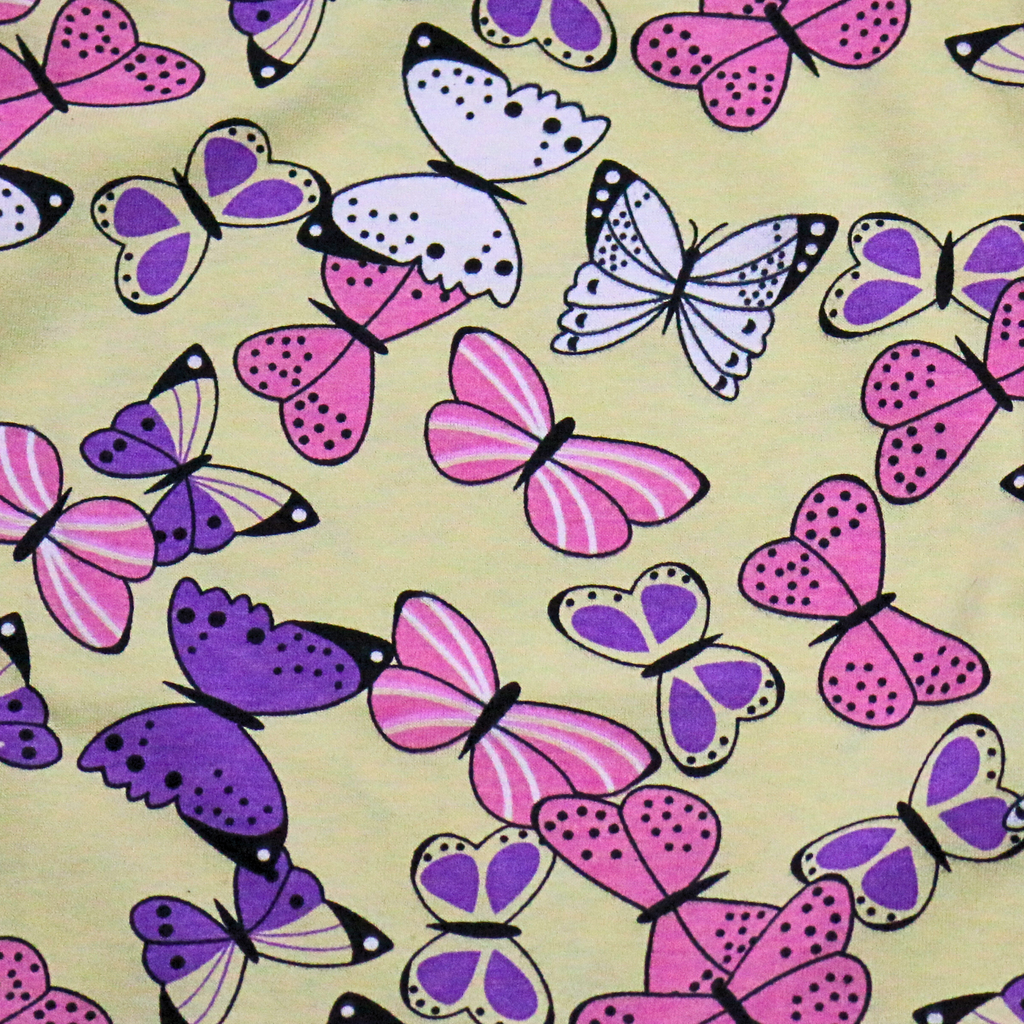 Pattern of pink and purple butterflies on a beige background