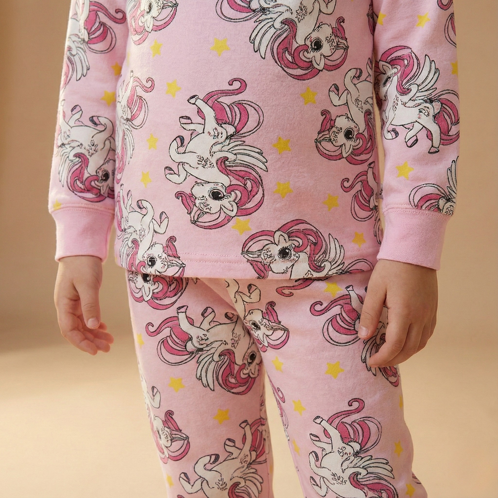 بيجاما حرارية بأكمام طويلة وردية اللون مزينة بنجوم وحيد القرن (للبنات)