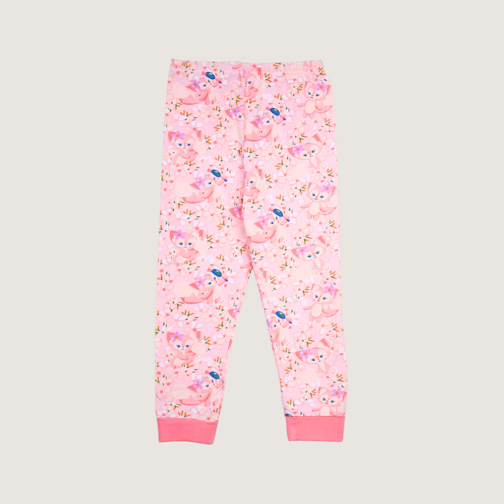 Pink children's leggings with floral and animal pattern on a light gray background