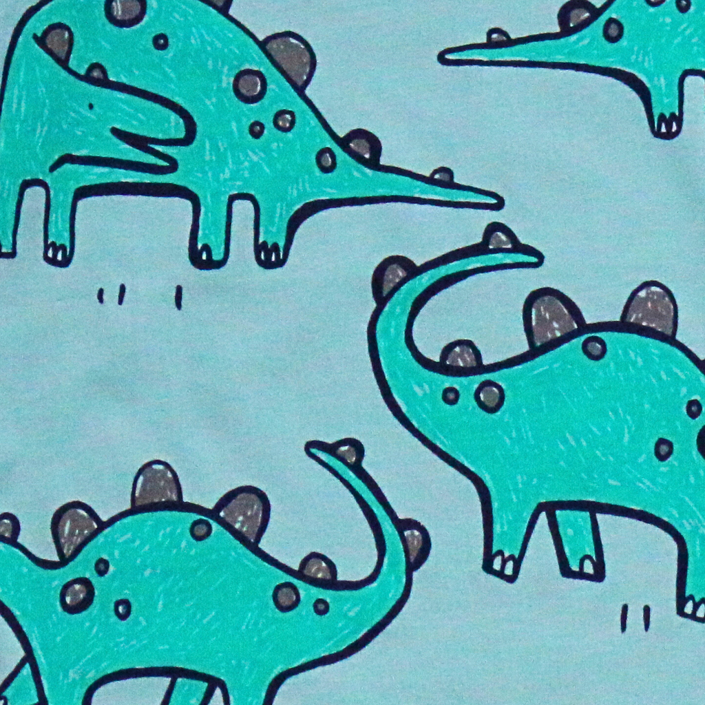 Pattern of green dinosaurs on a light blue background
