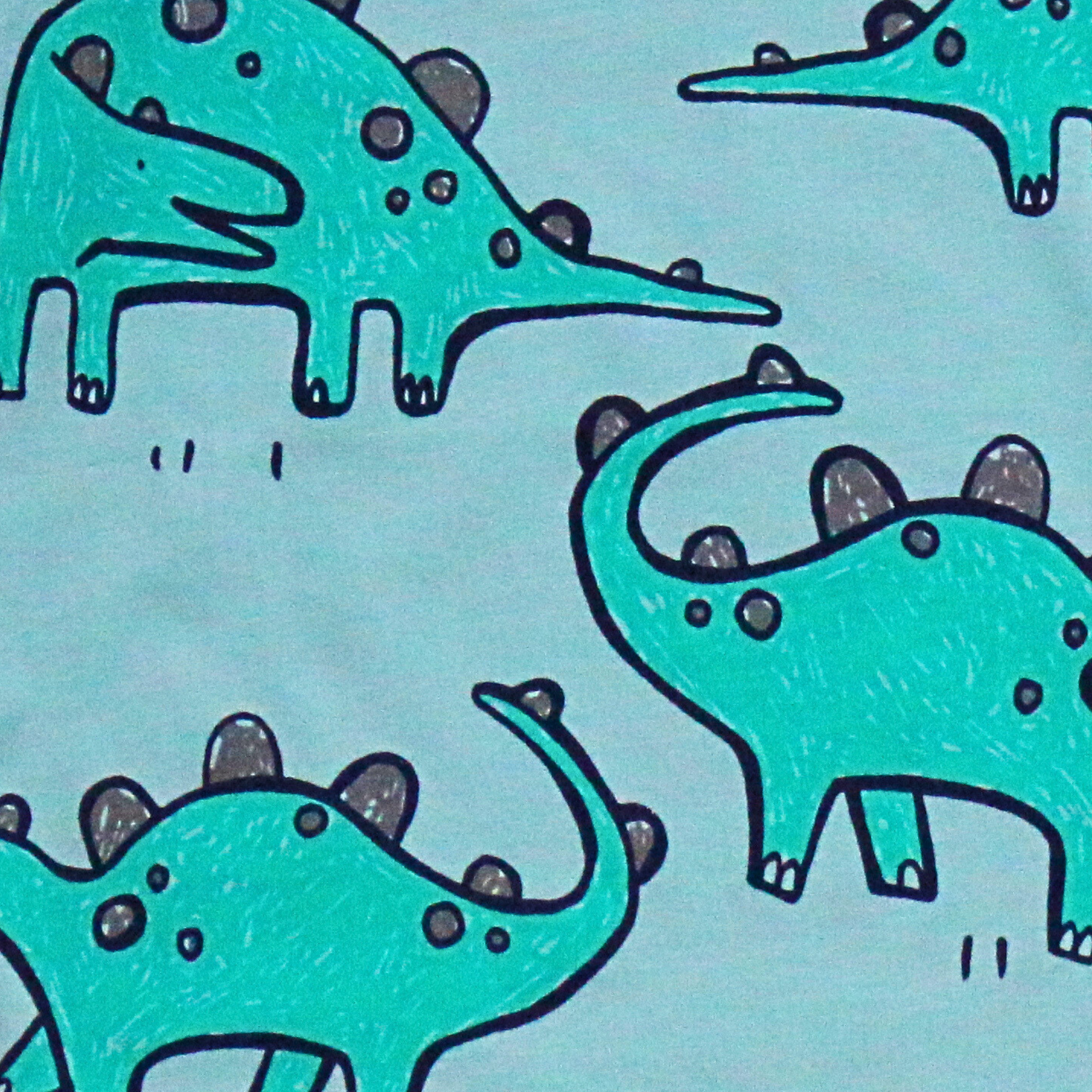 Pattern of green dinosaurs on a light blue background