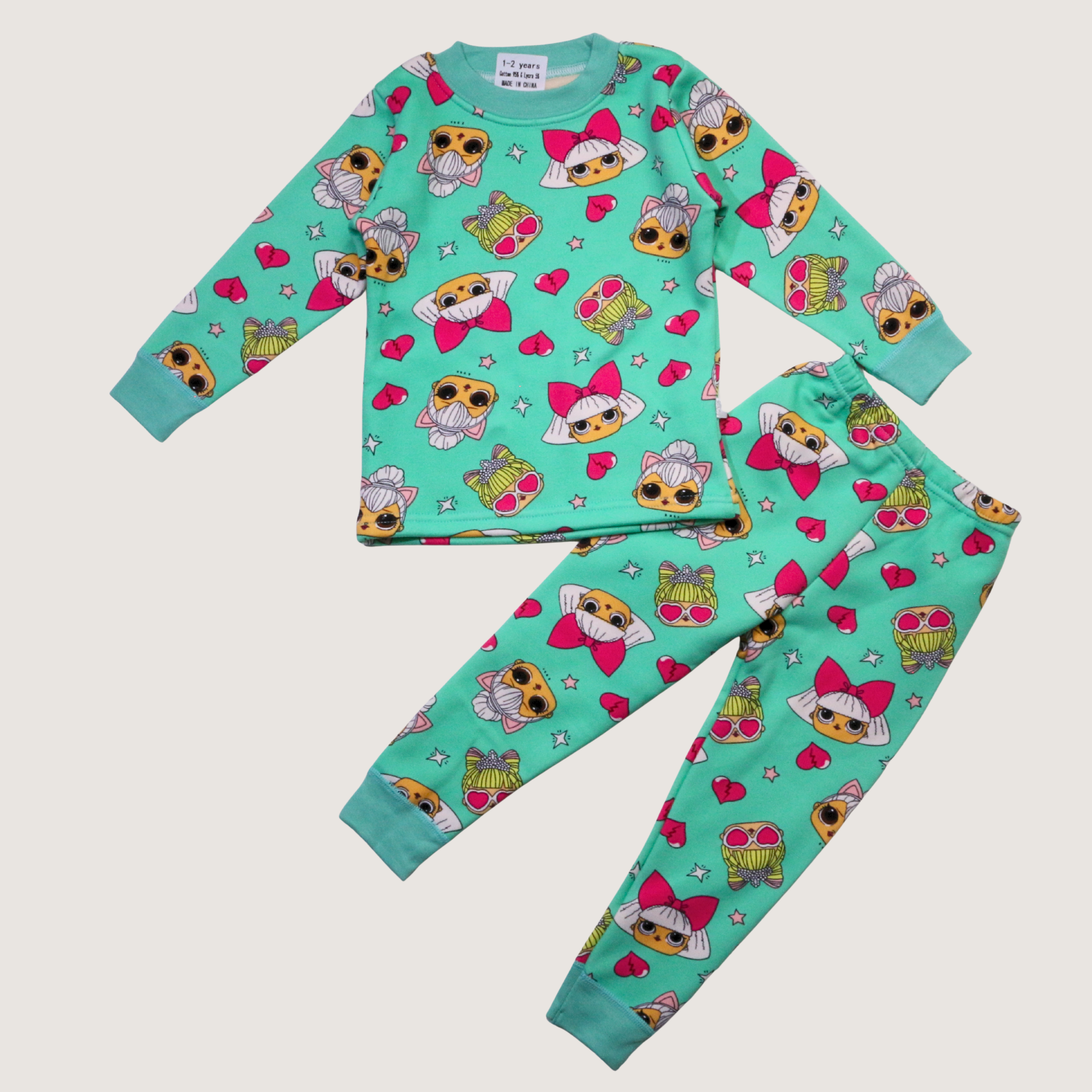 بيجامة كات ماري الوردية بأكمام طويلة (بنات)