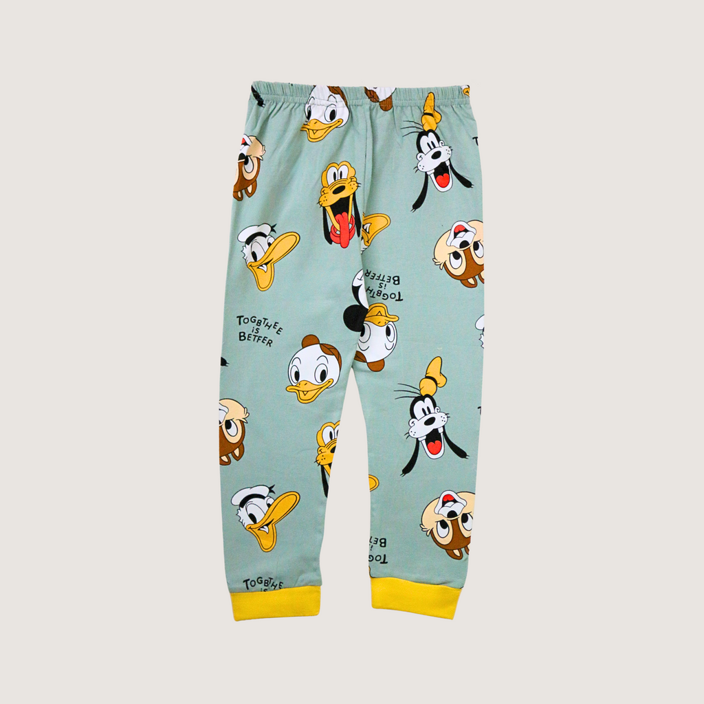 Cartoon character-themed pants on a light gray background
