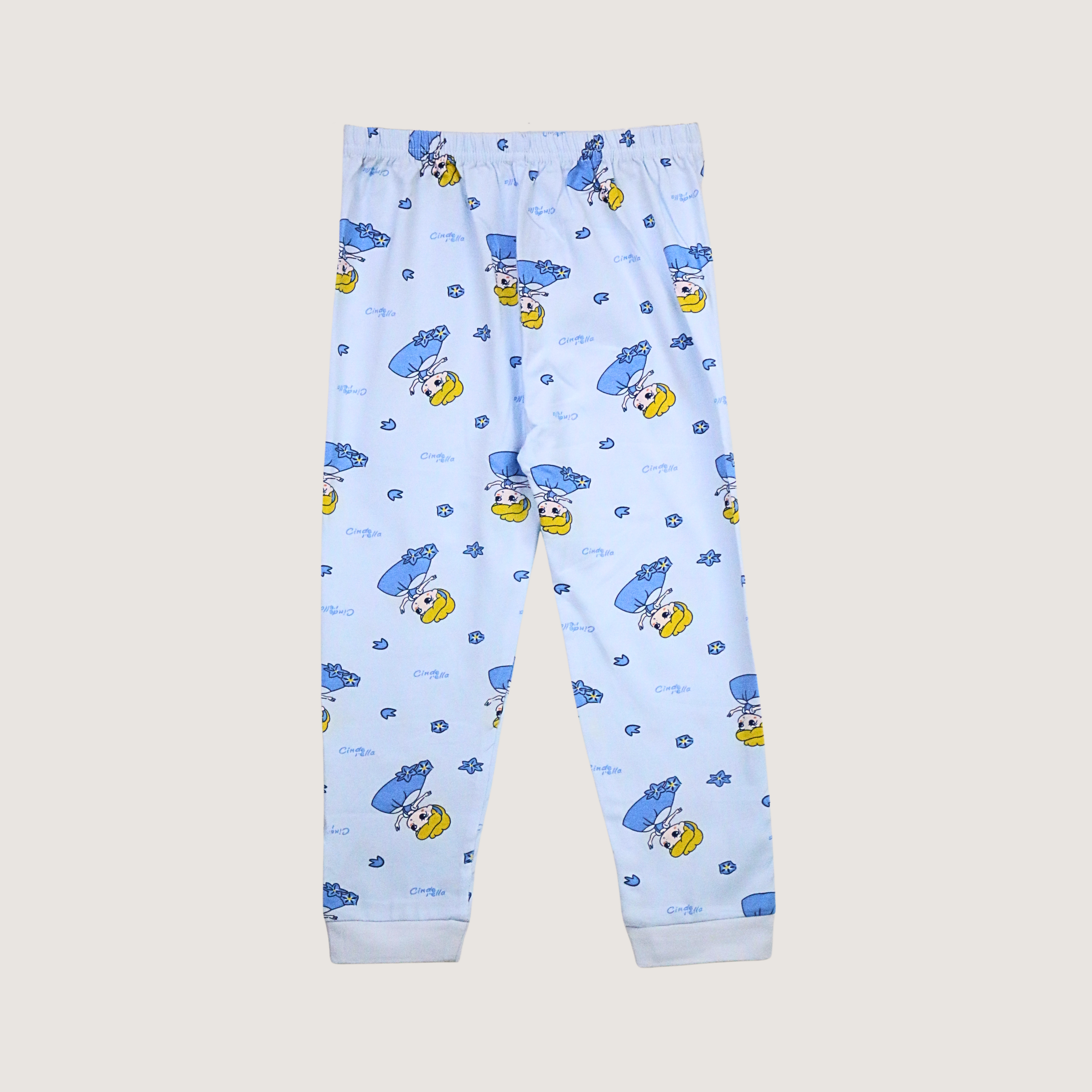 Children's blue pajama pants with cartoon duck pattern on a light gray background