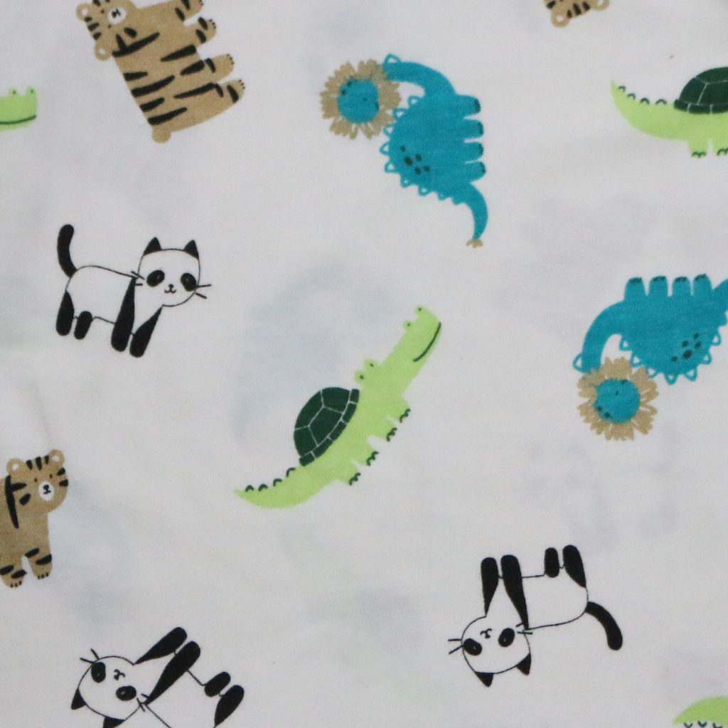 Pattern of cartoon animals including cats, a turtle, and a dinosaur on a white background.