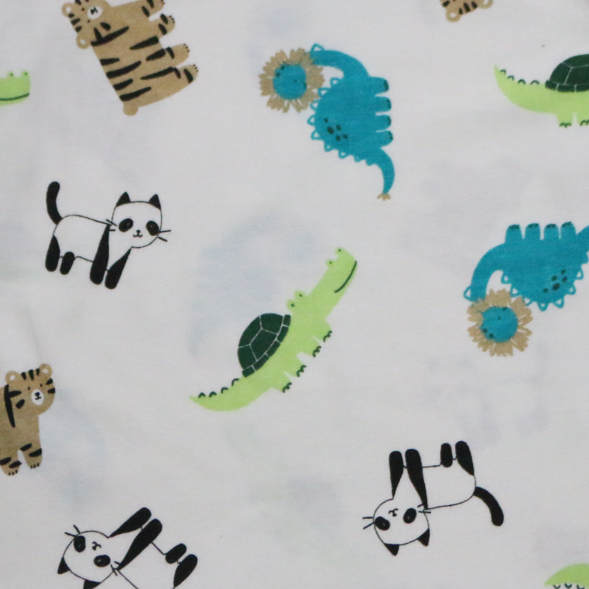 Pattern of cartoon animals including cats, a turtle, and a dinosaur on a white background.